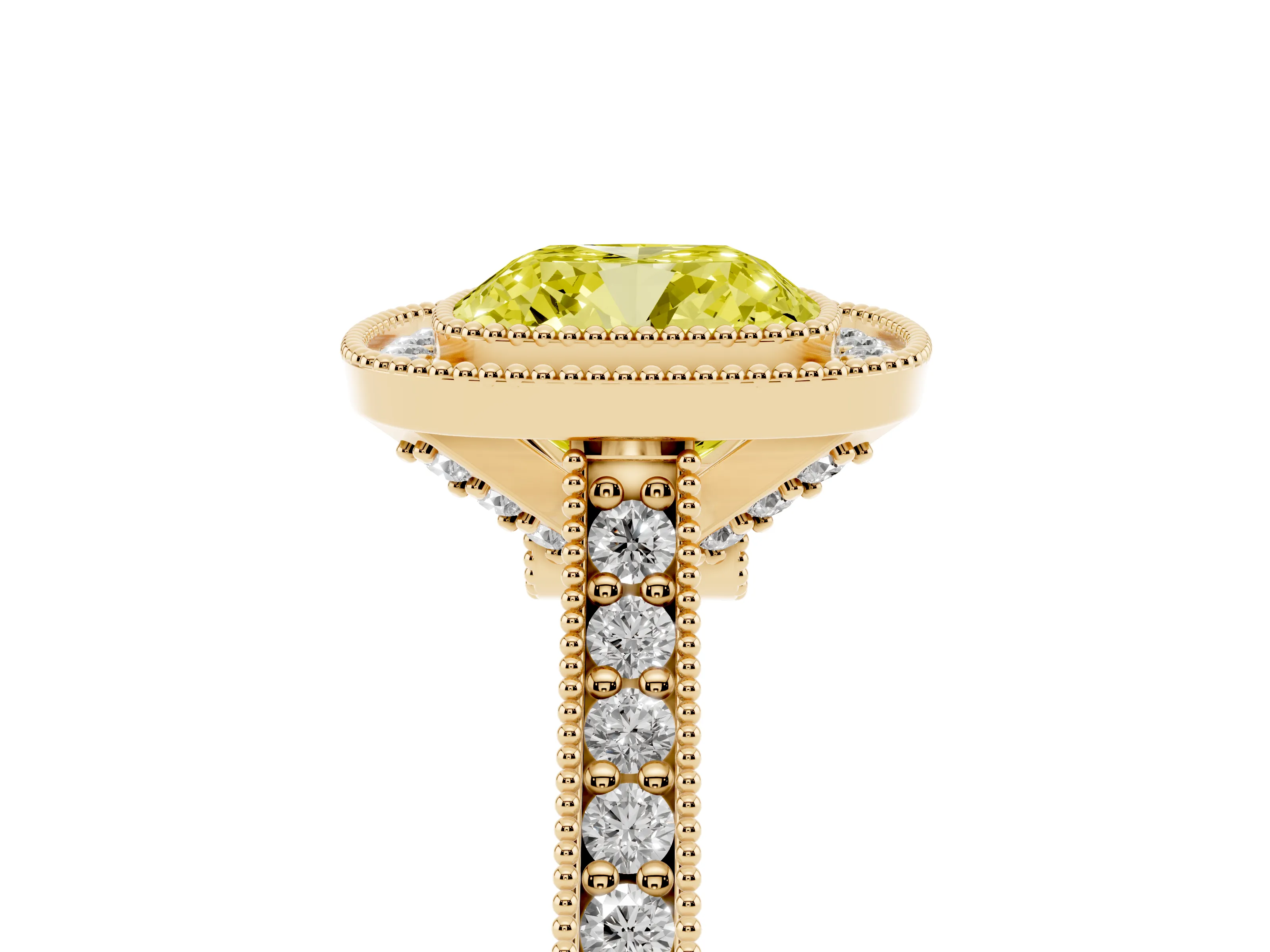 Fancy Yellow Cushion Cut Diamond Halo Milgrain Pavé Band Ring Set in Yellow gold with Prong Setting