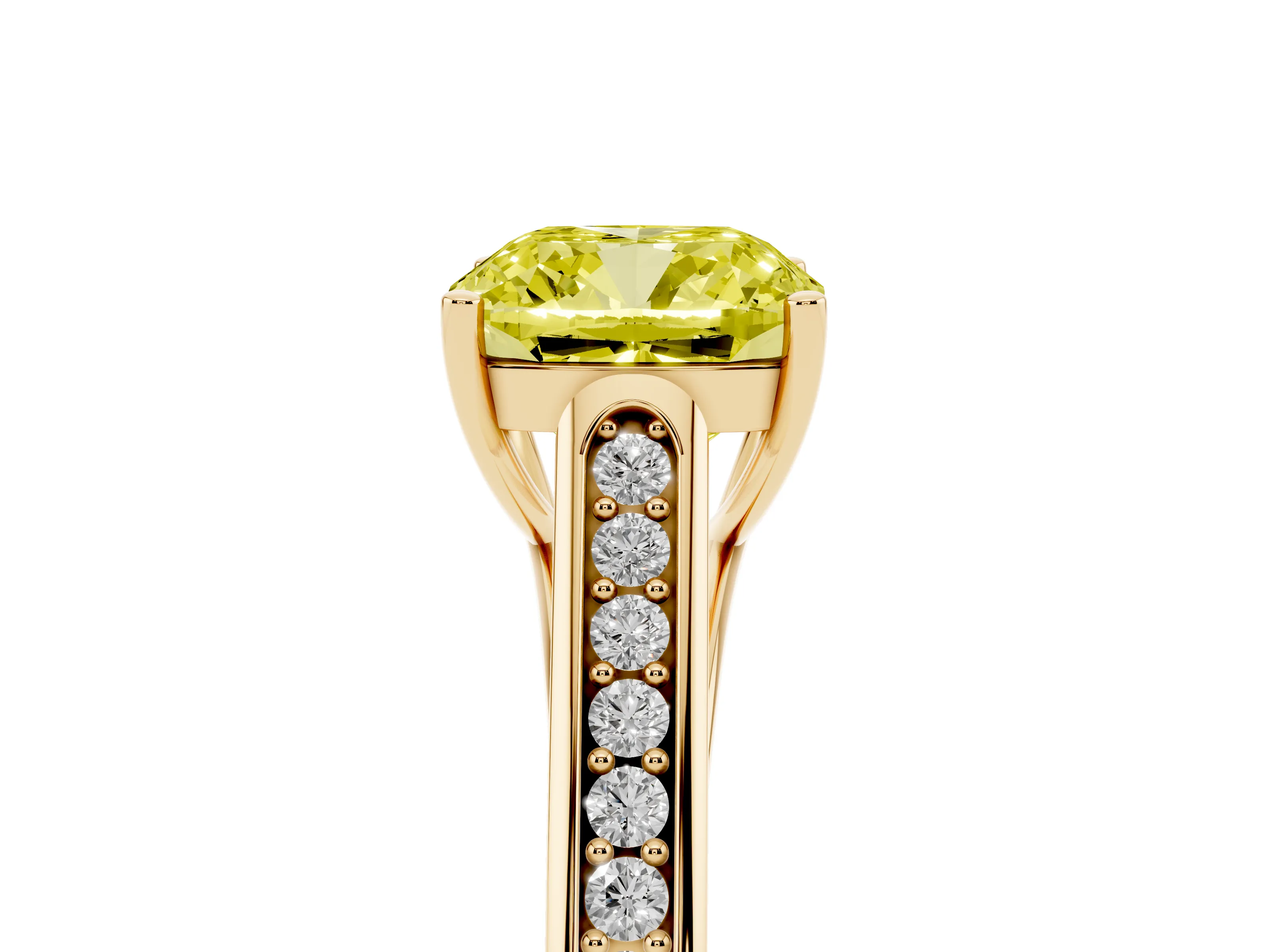 Fancy Yellow Cushion Cut Diamond Solitaire Cathedral Engagement Ring Set in Yellow gold with Channel-Set Band and Prong Setting