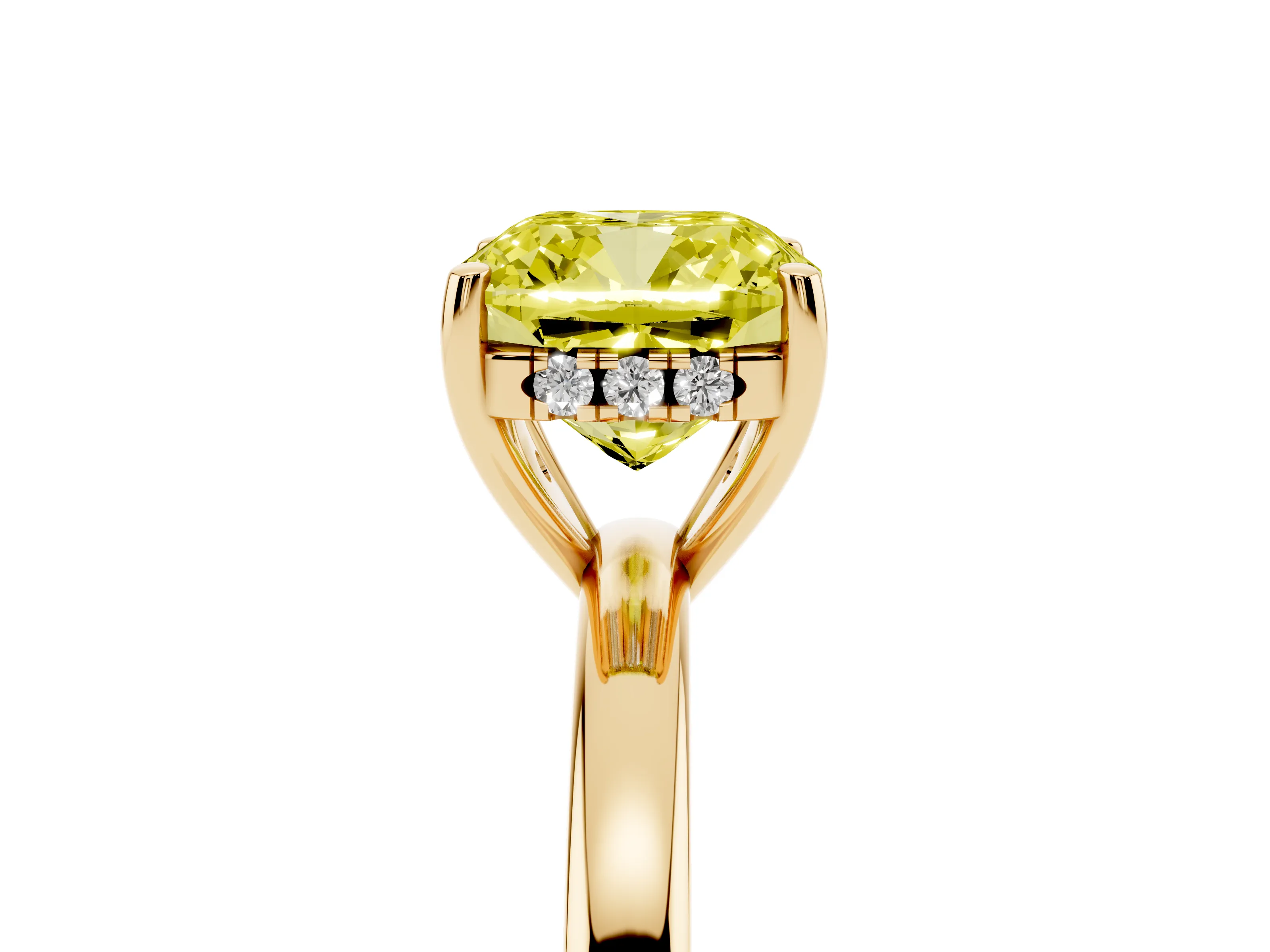 Fancy Yellow Cushion Cut Diamond Solitaire Ring Set in Yellow gold with Plain Band and Prong Setting