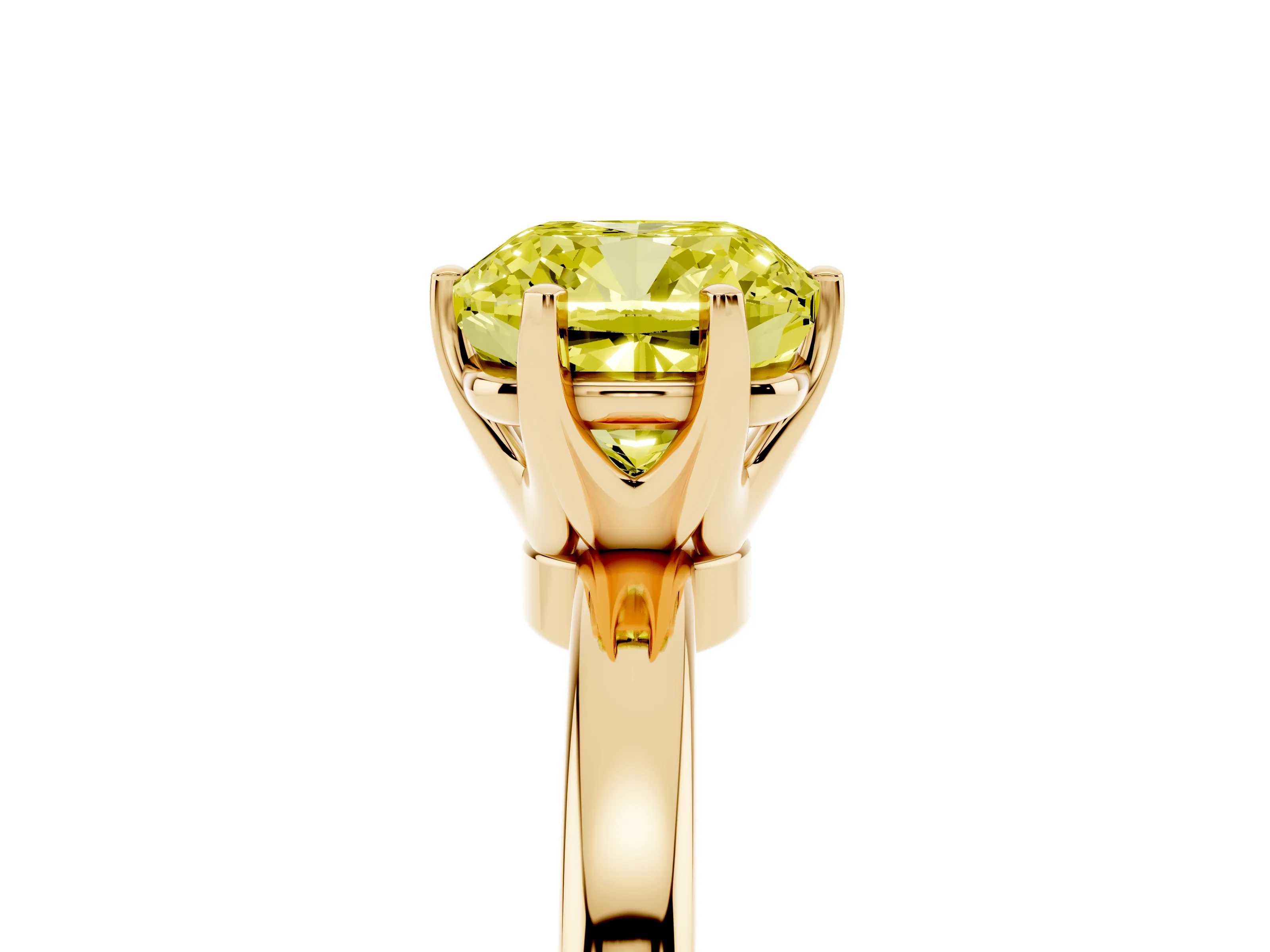Fancy Yellow Cushion Cut Diamond Solitaire Ring Set in Yellow gold with Raised Prong Setting on a Classic Band