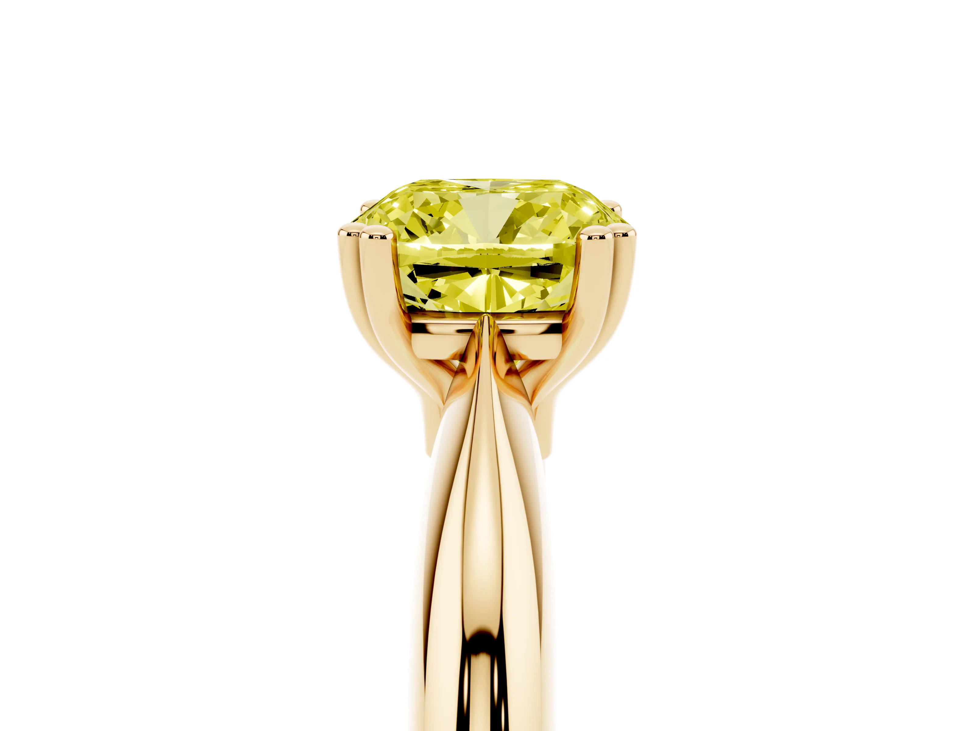 Fancy Yellow Cushion Cut Diamond Solitaire Engagement Ring Set in Yellow gold with Tapered Band and Prong Setting