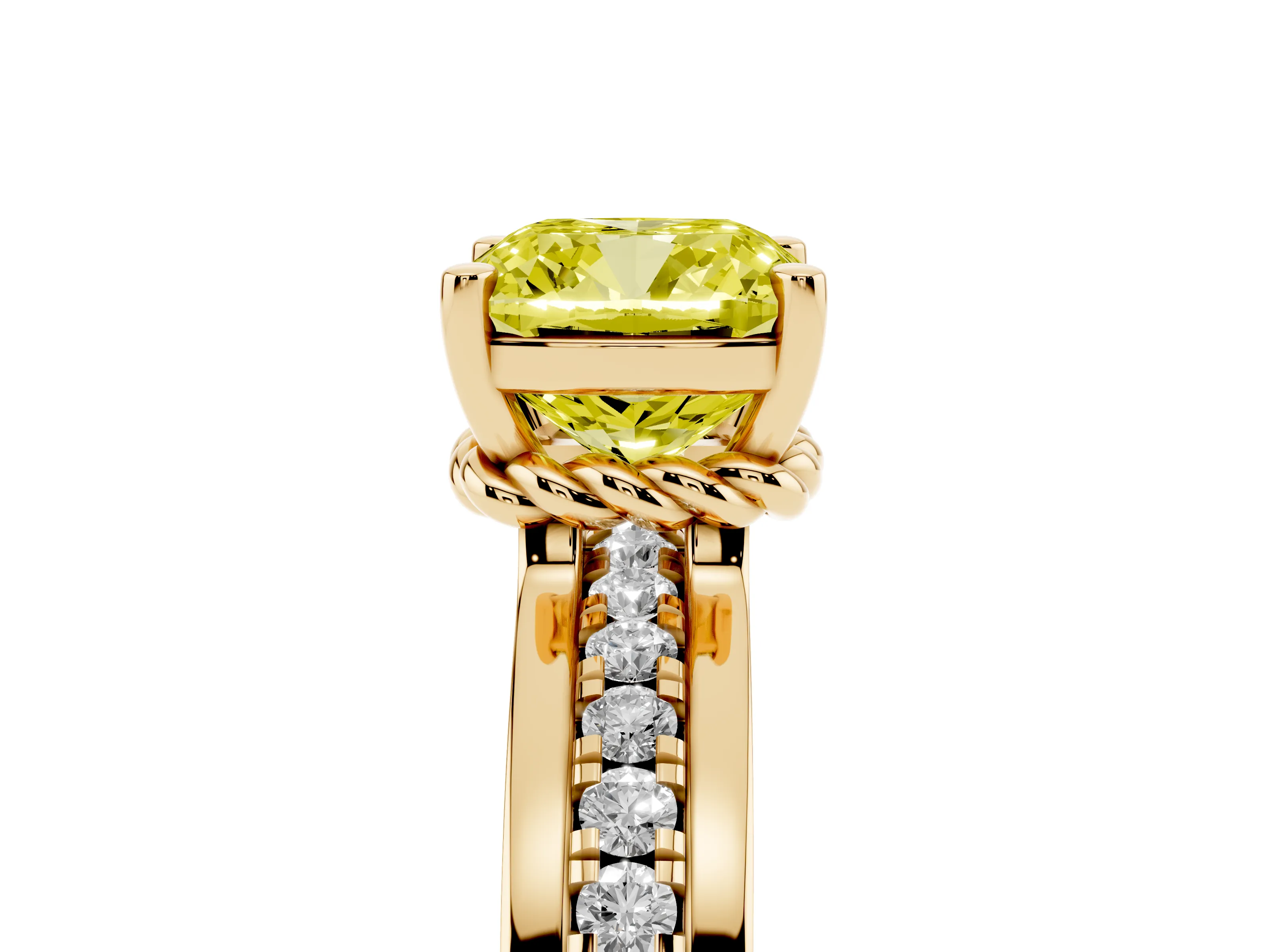 Fancy Yellow Cushion Cut Diamond Solitaire Ring Set in Yellow gold with Channel Set Band and Prong Setting