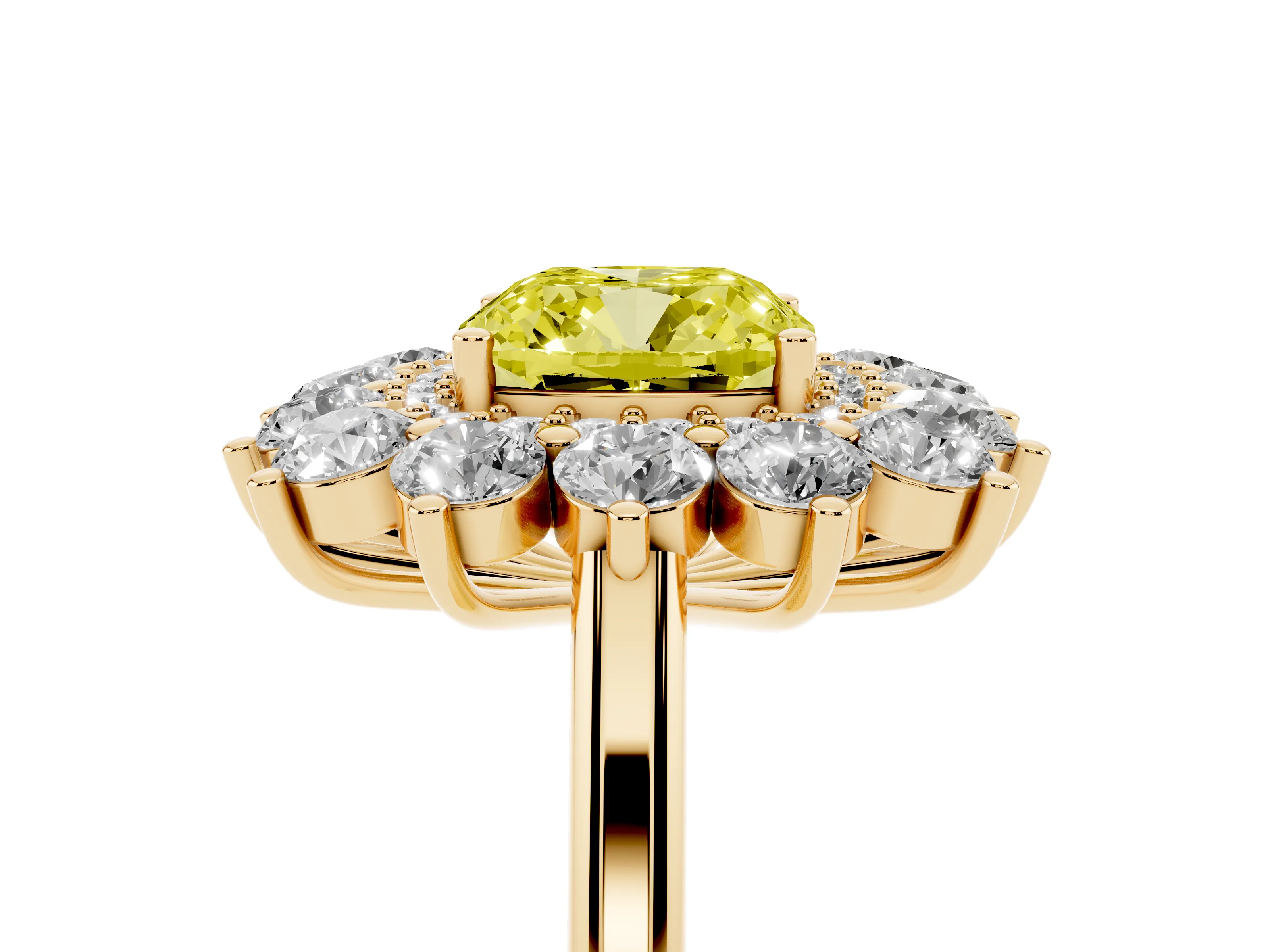 Fancy Yellow Cushion Cut Diamond Floral Double Halo Ring Set in Yellow gold with Round Petals