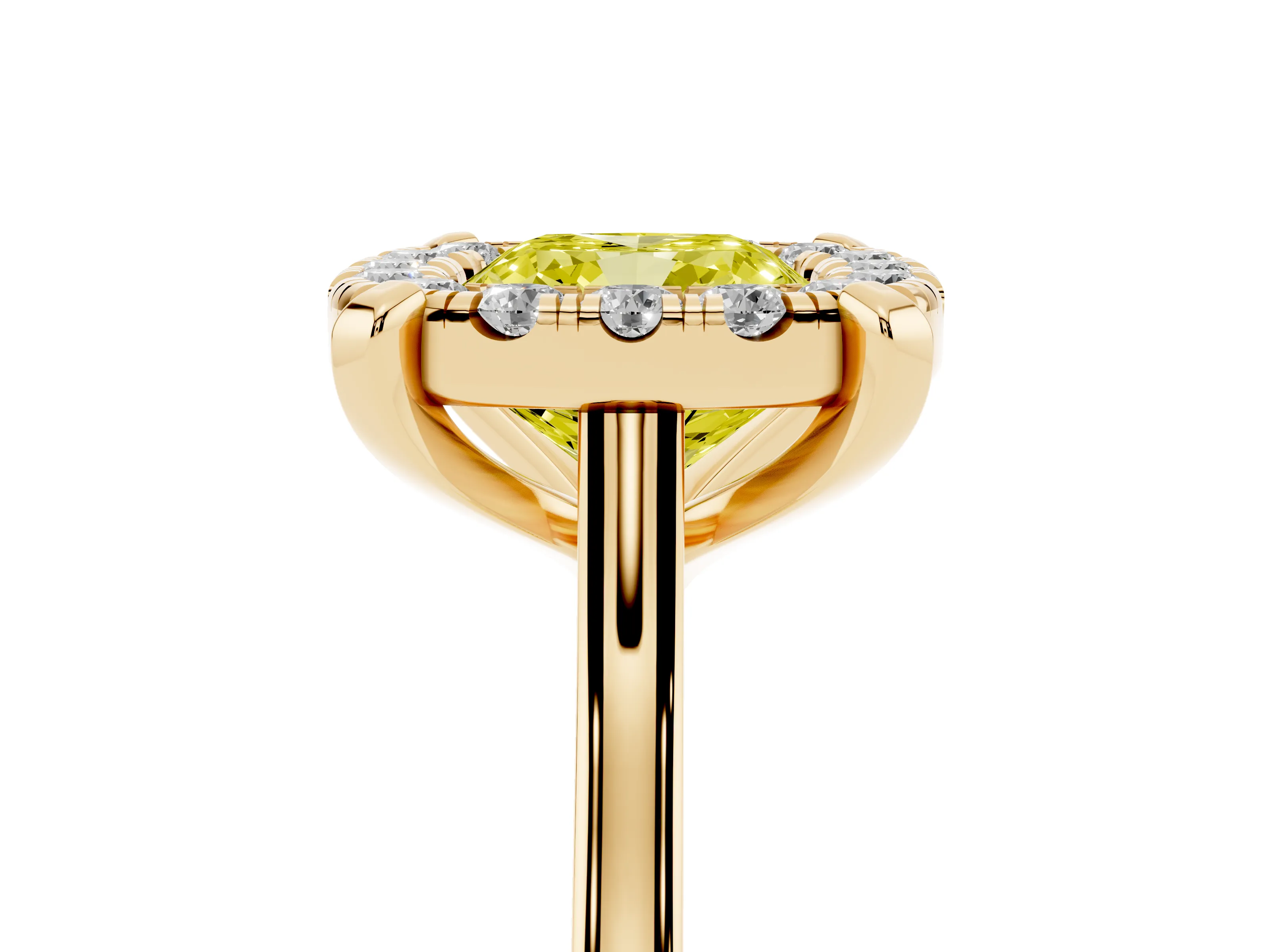 Fancy Yellow Cushion Cut Diamond Cluster Halo Solitaire Ring Set in Yellow gold with Prong Setting