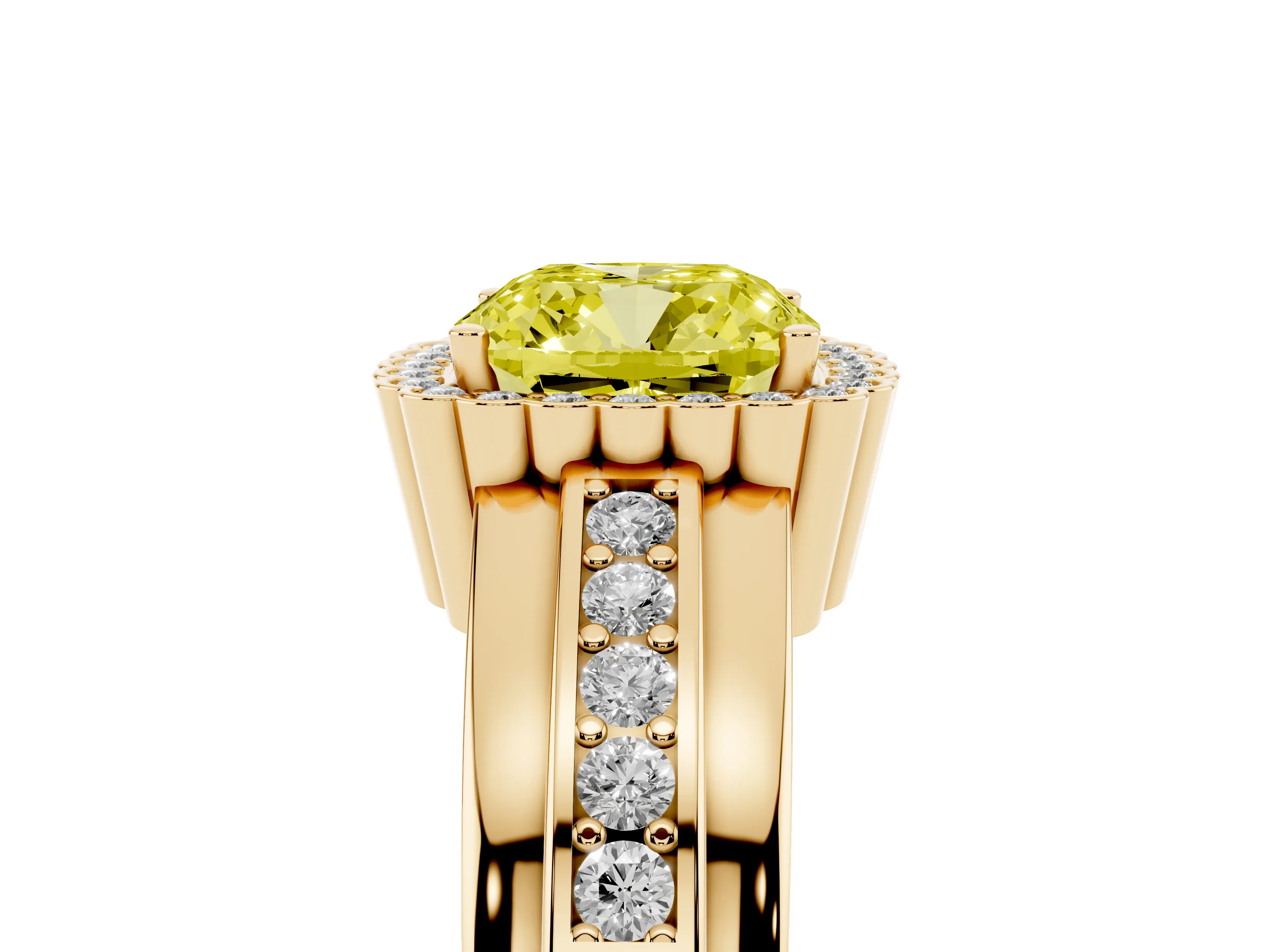 Fancy Yellow Cushion Cut Diamond Halo Prong Ring Set in Yellow gold with Pavé Band