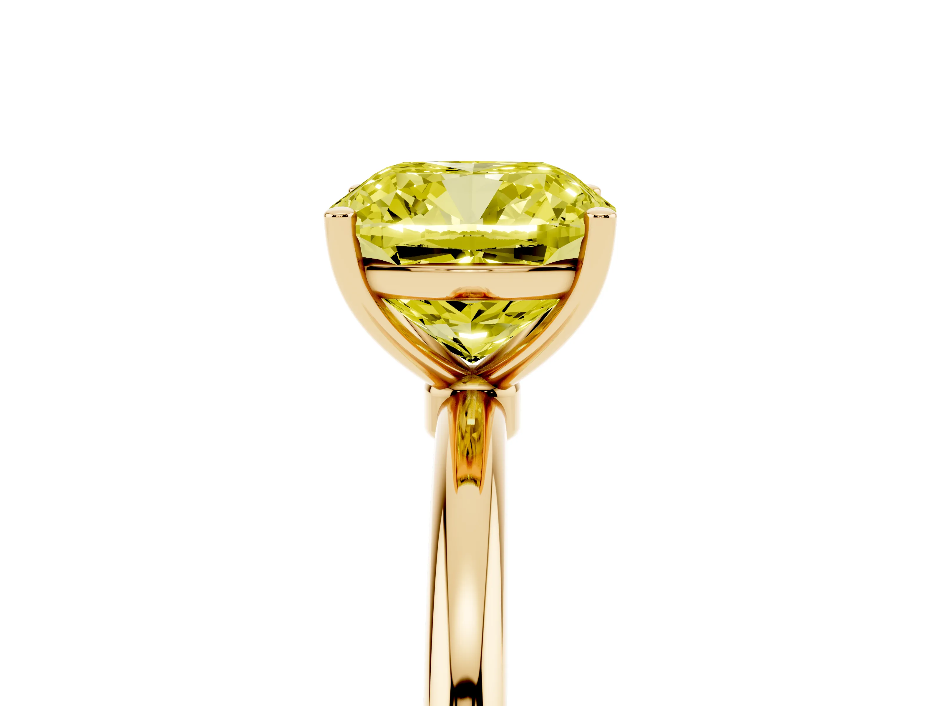 Fancy Yellow Cushion Cut Diamond Solitaire Engagement Ring Set in Yellow gold with Thin Band and Prong Setting