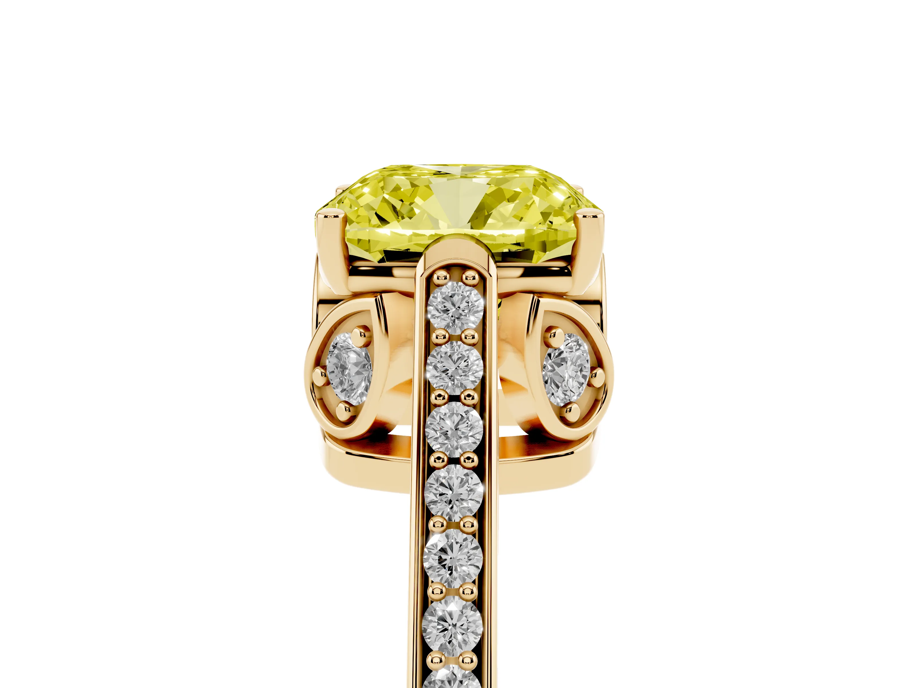 Fancy Yellow Cushion Cut Diamond Cathedral Pavé Engagement Ring Set in Yellow gold with Prong Setting