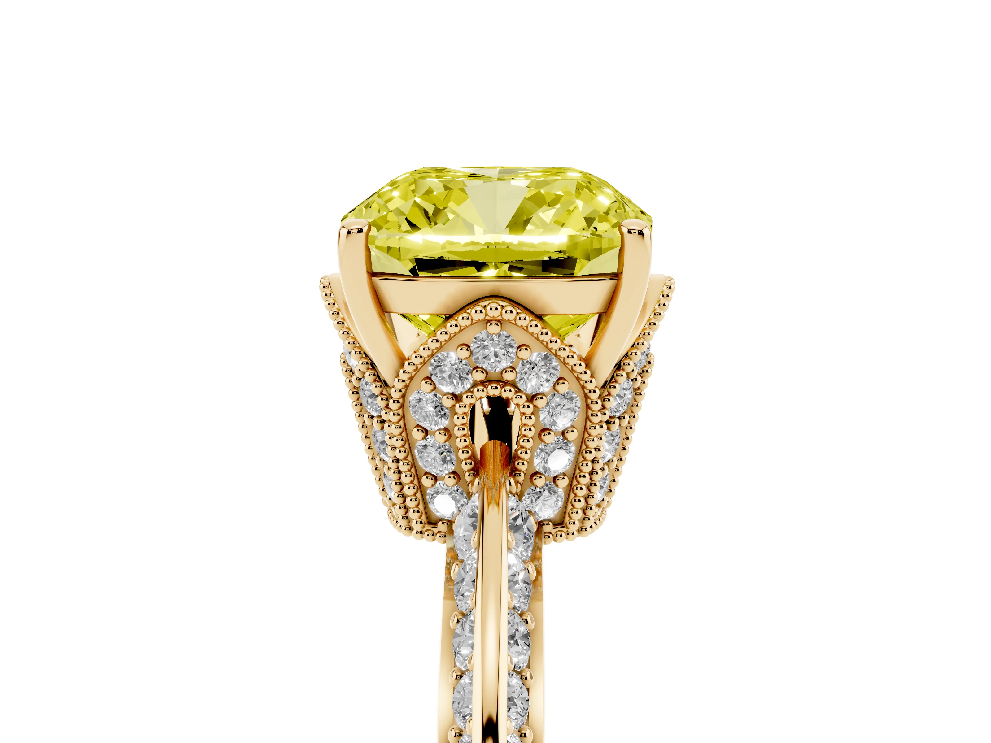 Fancy Yellow Cushion Cut Diamond Solitaire Engagement Ring Set in Yellow gold with Pavé Split Shank and Prong Setting