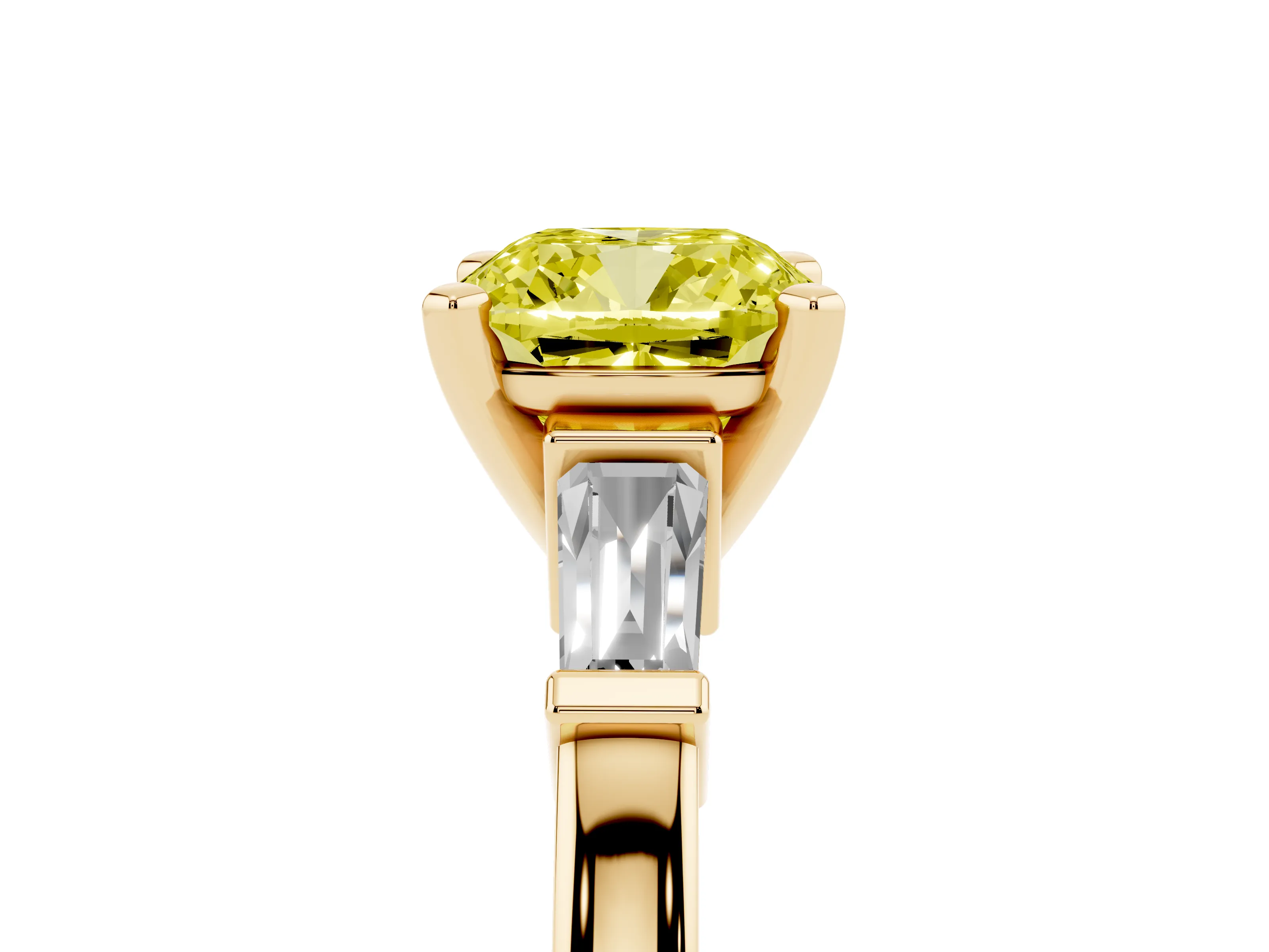 Fancy Yellow Cushion Cut Diamond Solitaire Ring Set in Yellow gold with Tapered Baguette Accents and Prong Setting