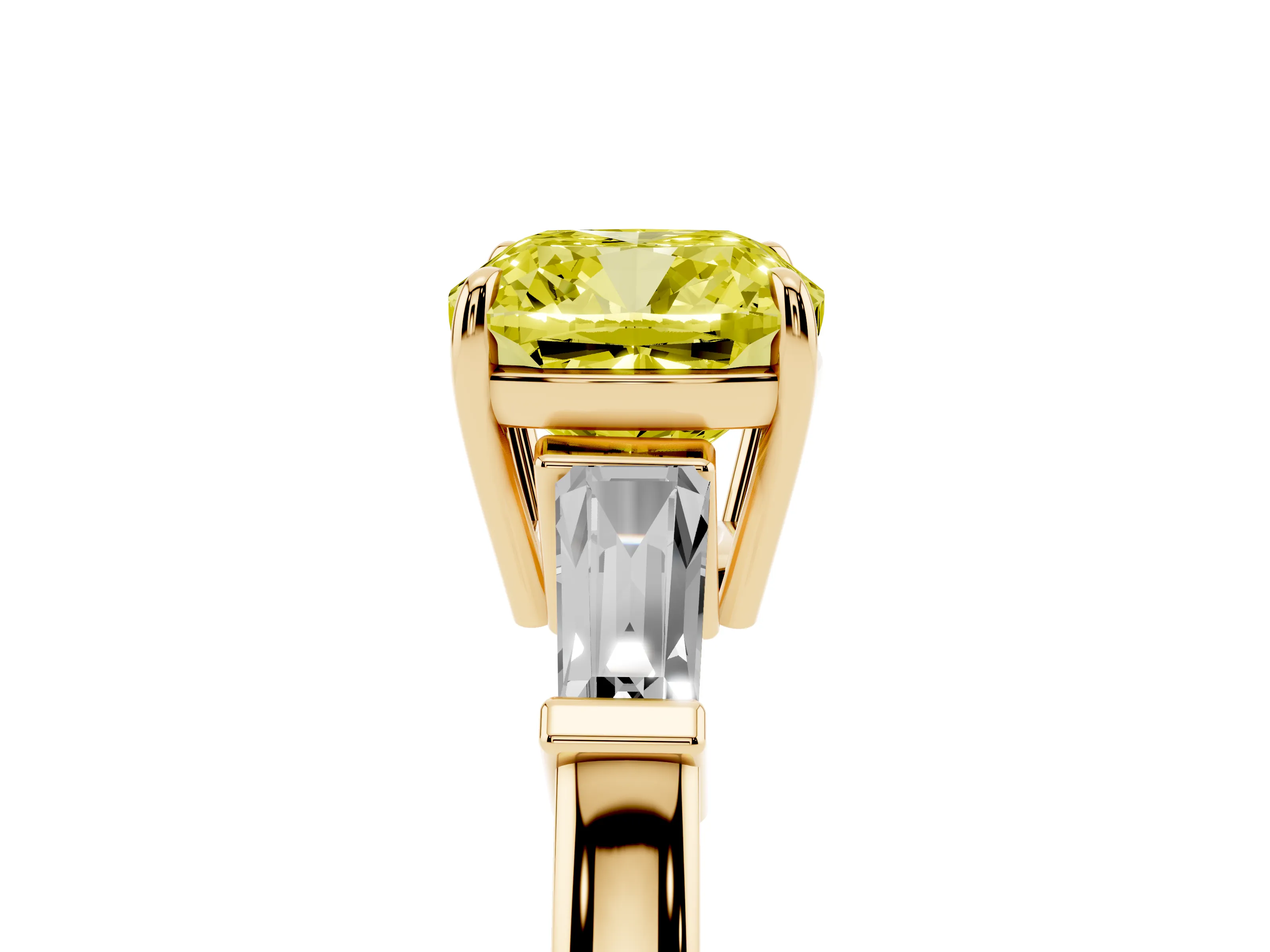 Fancy Yellow Cushion Cut Diamond Three-Stone Ring Set in Yellow gold with Tapered Baguette Side Stones and Prong Setting