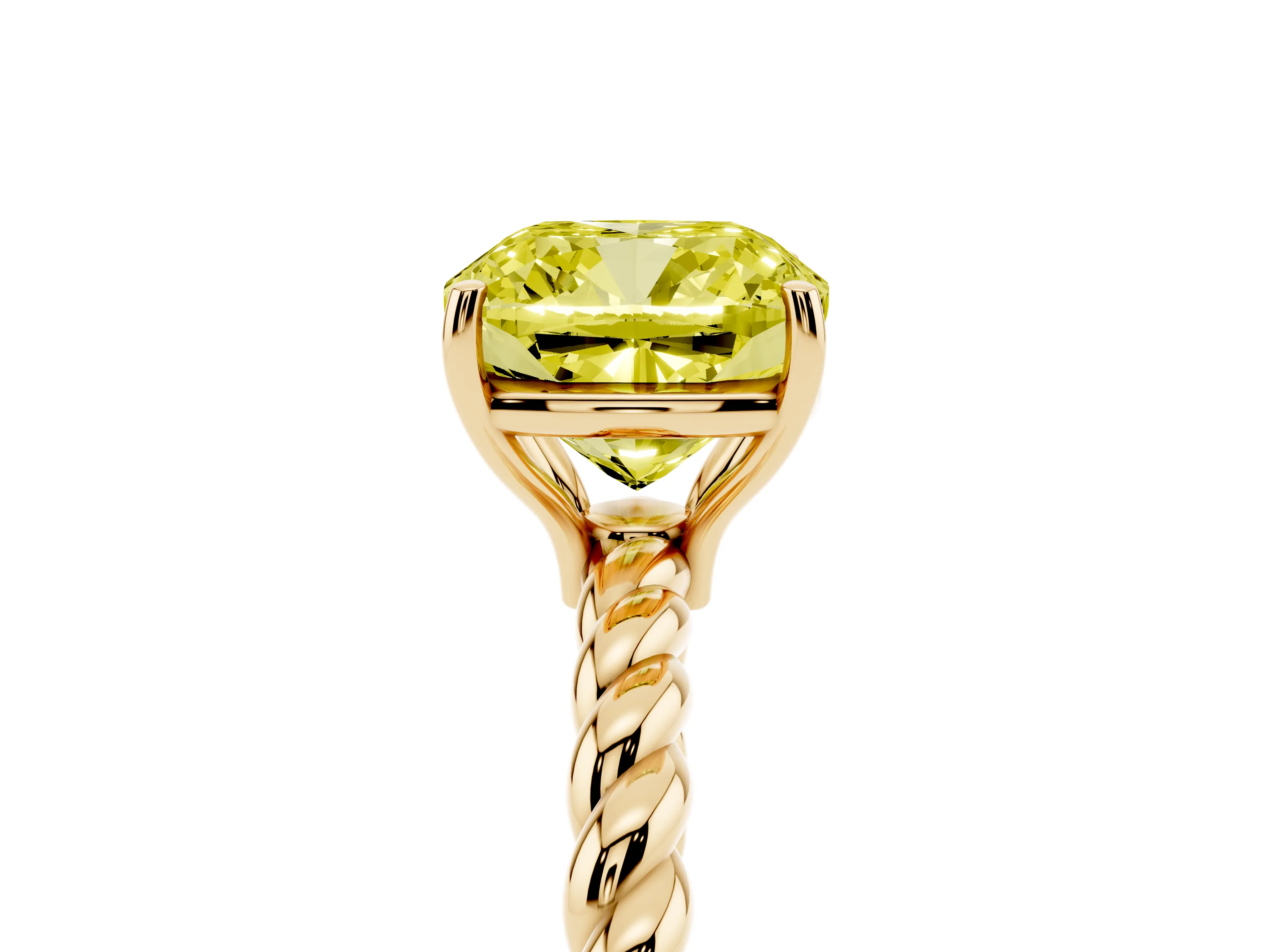 Fancy Yellow Cushion Cut Diamond Solitaire Ring Set in Yellow gold with Twist Band and Prong Setting