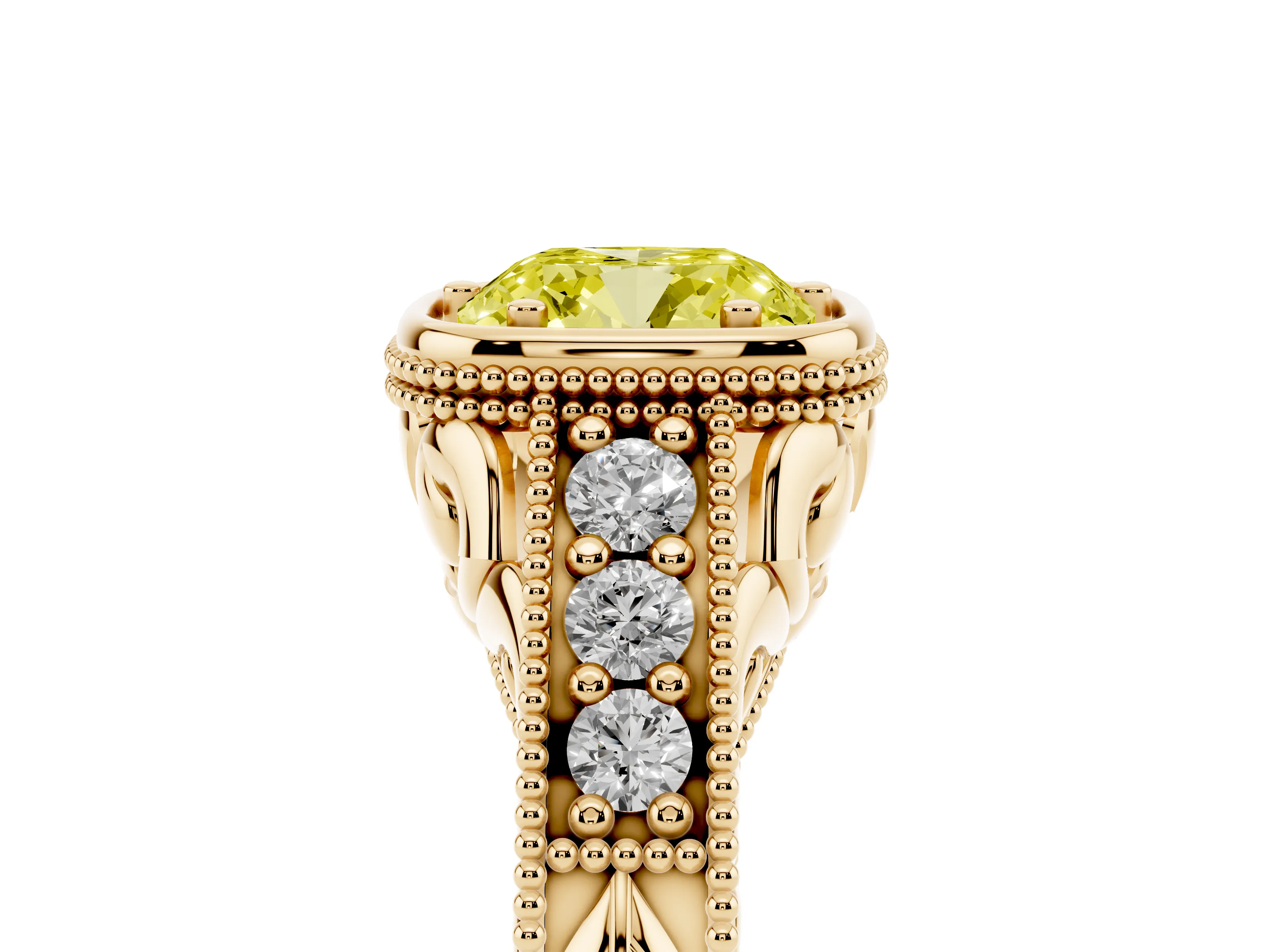 Fancy Yellow Bezel Set Cushion Cut Diamond Milgrain Pavé Engagement Ring Set in Yellow gold