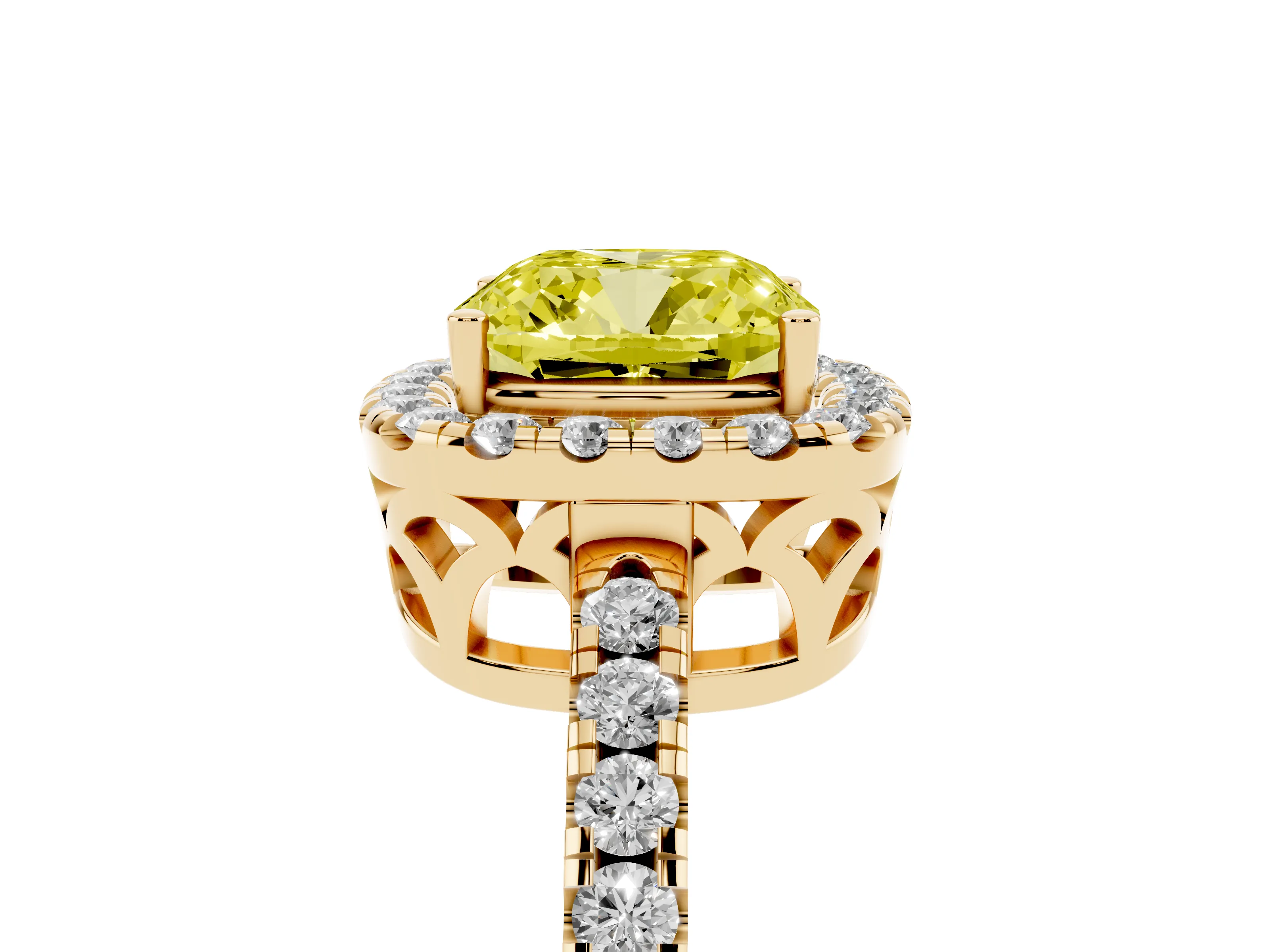 Fancy Yellow Cushion Cut Diamond Pavé Band Halo Engagement Ring Set in Yellow gold with Prong Setting