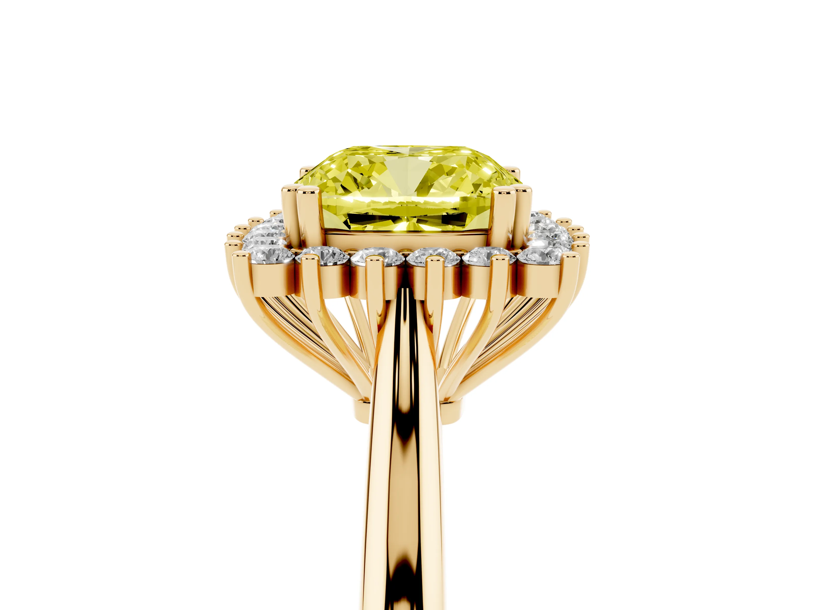 Fancy Yellow Cushion Cut Diamond Halo Ring Set in Yellow gold with Plain Solitaire Band and Prong Setting