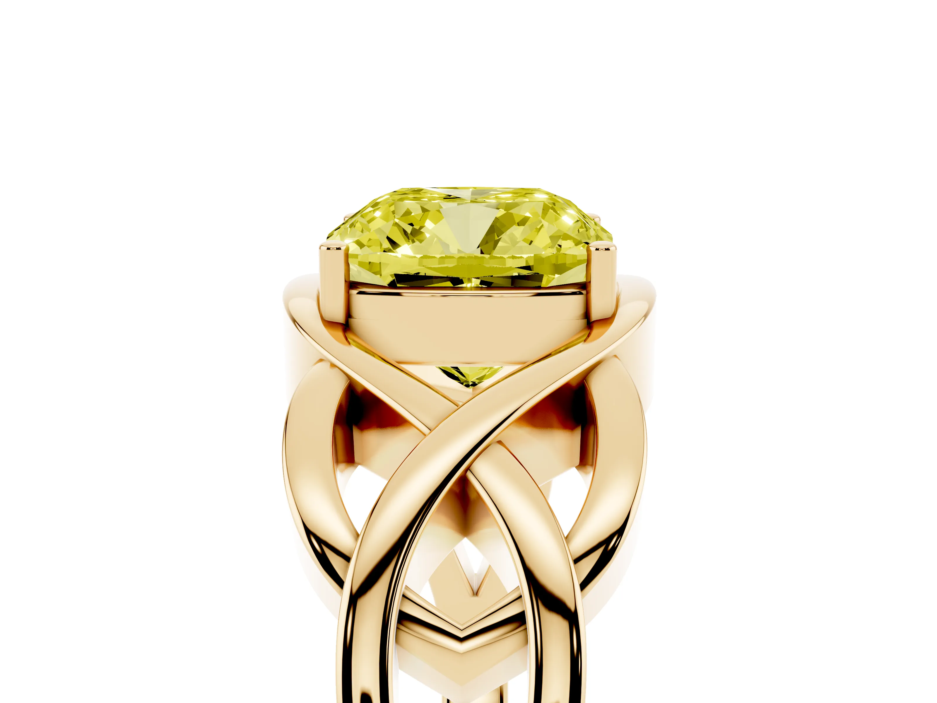 Fancy Yellow Cushion Cut Diamond Solitaire Ring Set in Yellow gold with Intertwined Band