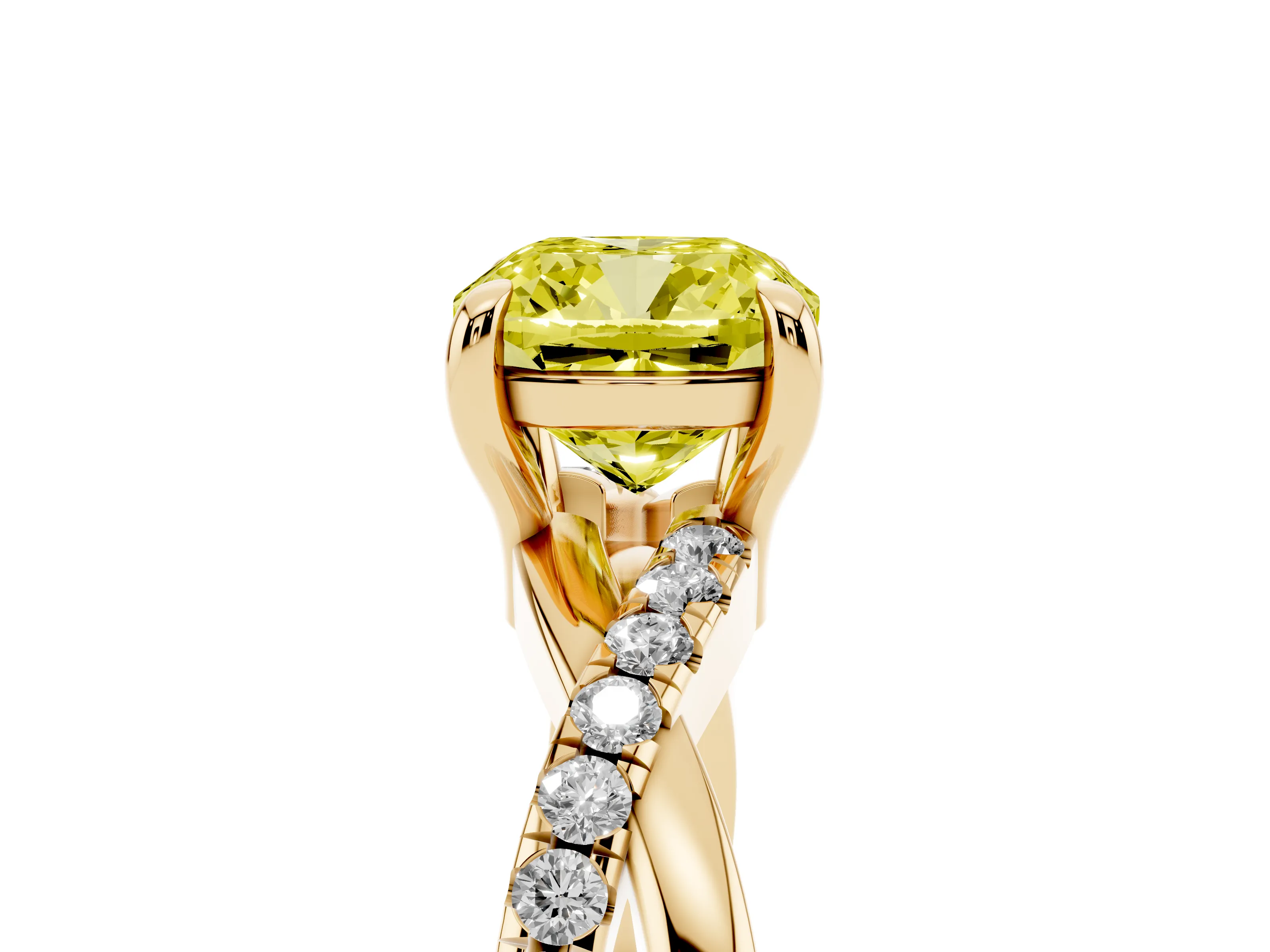Fancy Yellow Cushion Cut Diamond Twist Band Pavé Solitaire Ring Set in Yellow gold with Prong Setting