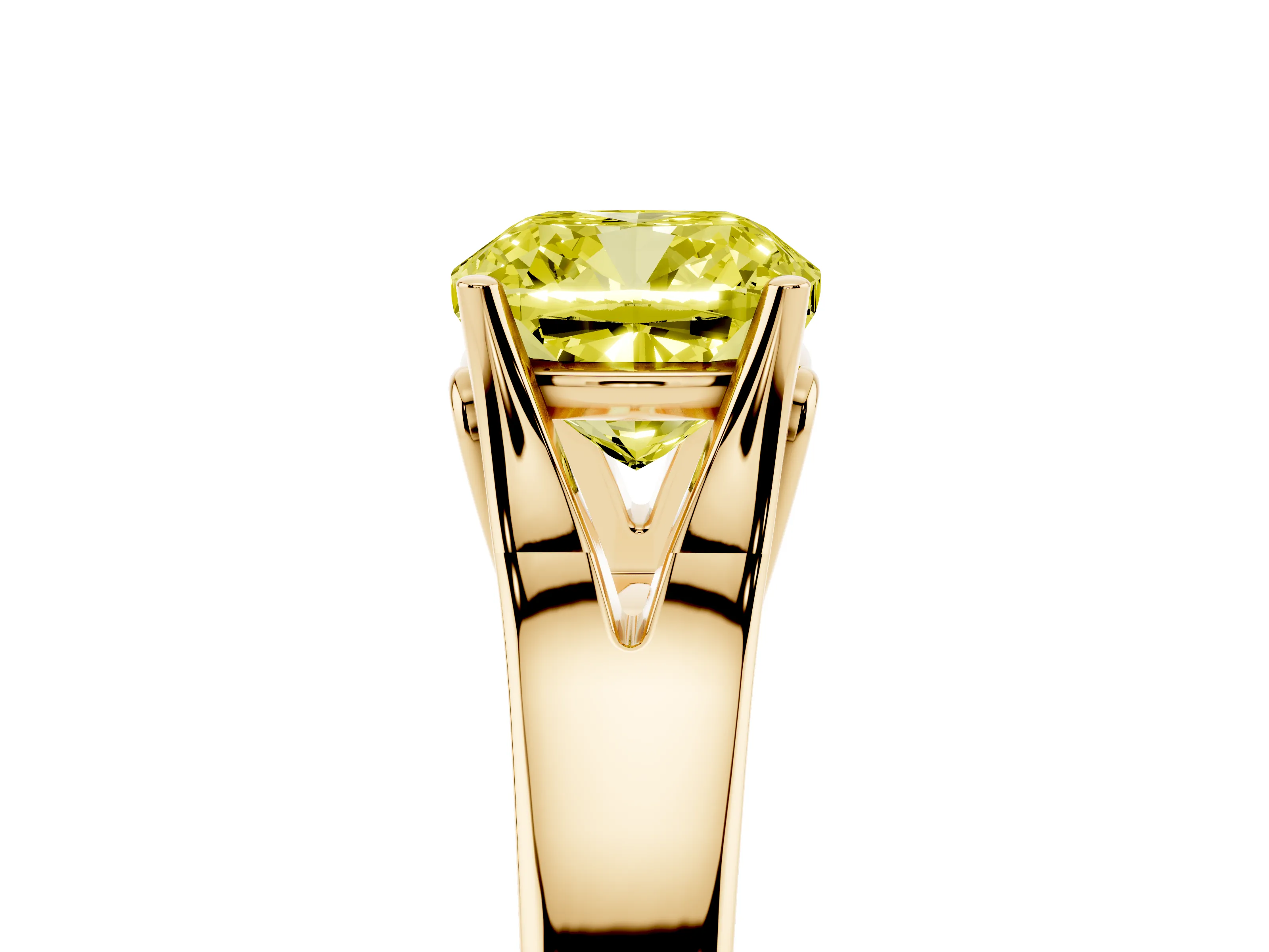 Fancy Yellow Cushion Cut Diamond Solitaire Ring Set in Yellow gold with Arched Cathedral Band and Prong Setting