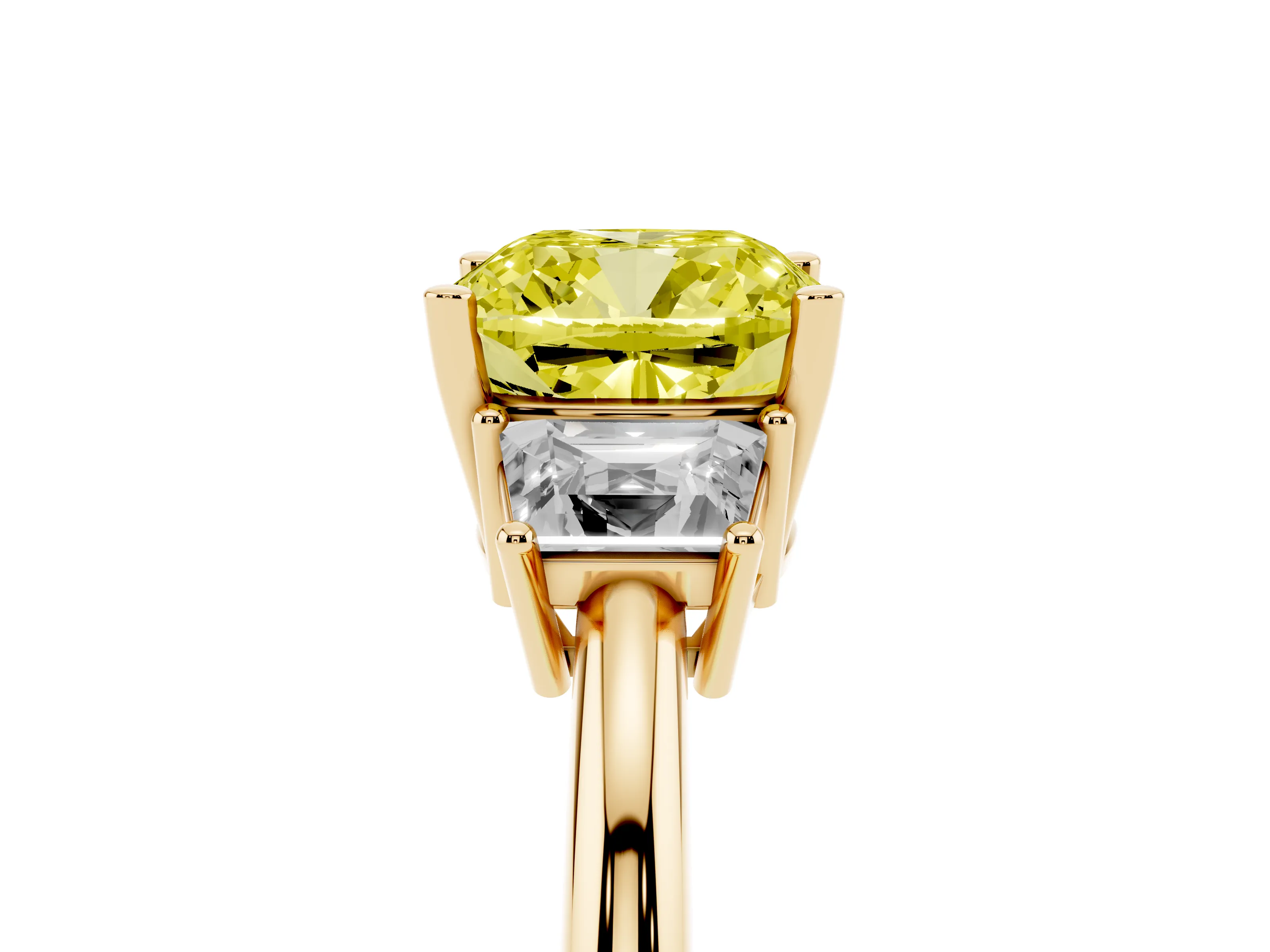 Fancy Yellow Cushion Cut Diamond Three-Stone Ring Set in Yellow gold with Trapezoid Side Stones and Prong Setting