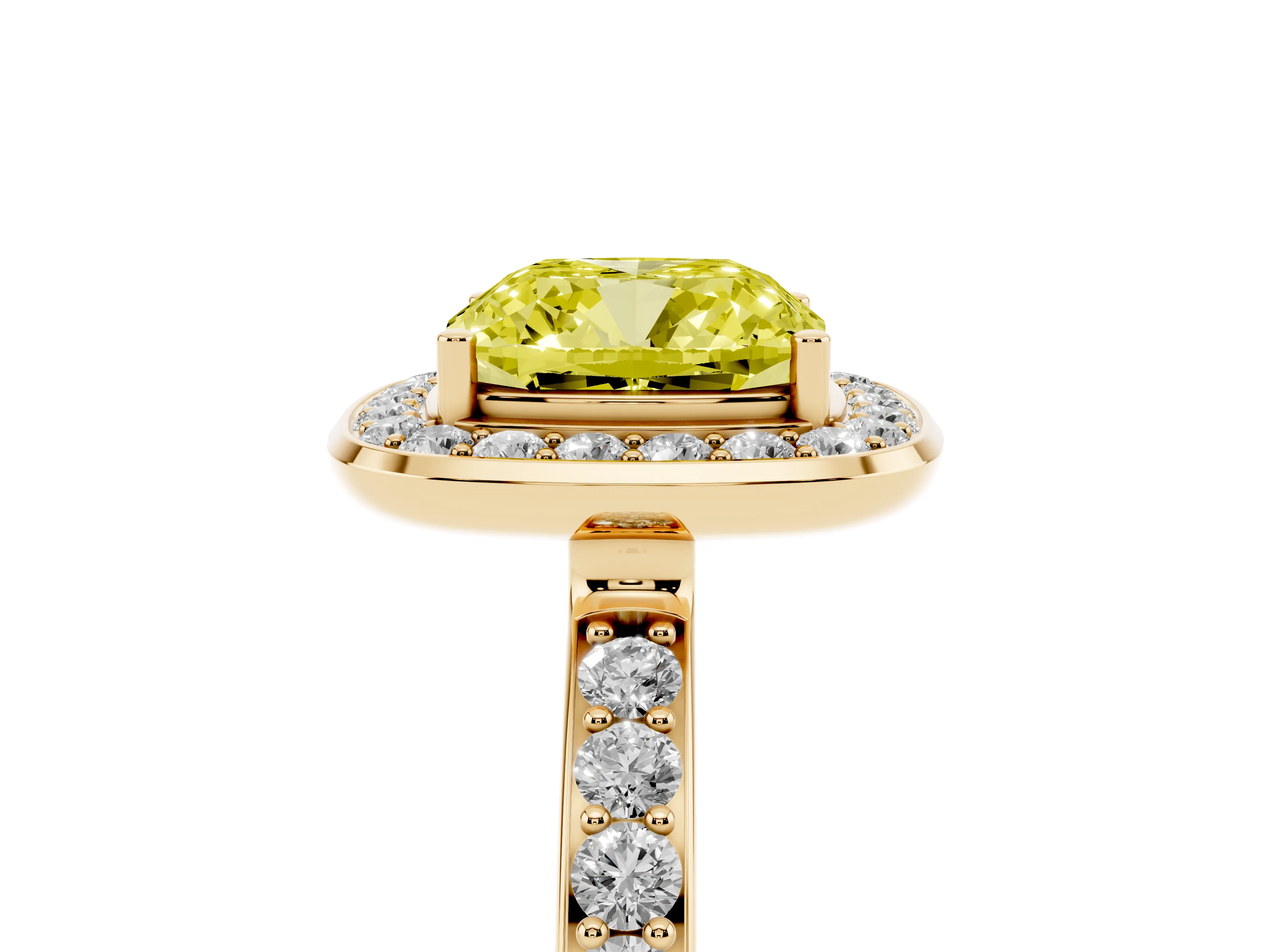 Fancy Yellow Cushion Cut Diamond Halo Ring Set in Yellow gold with Bezel Frame and Pavé Band
