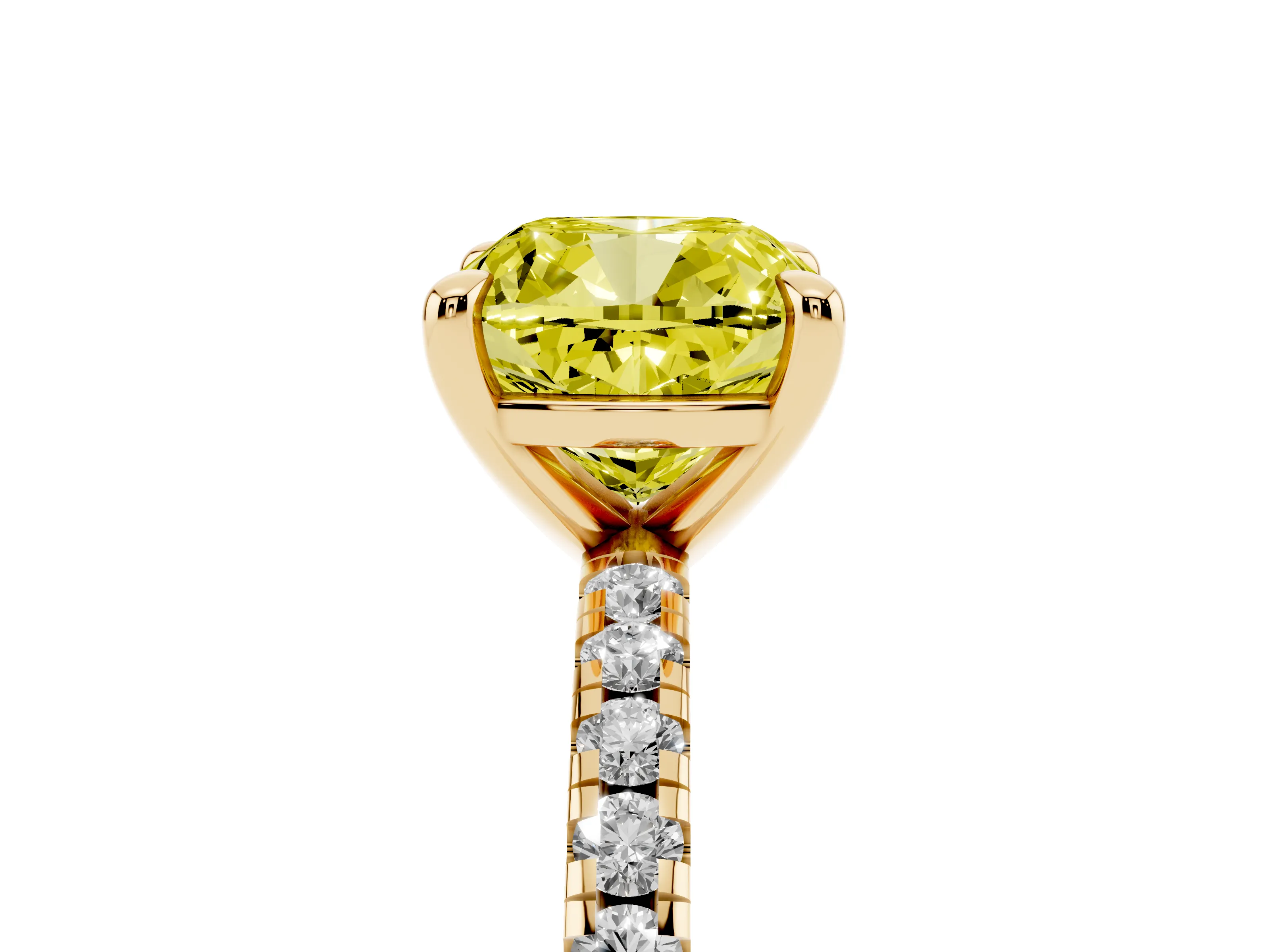 Fancy Yellow Cushion Cut Diamond Brilliant Solitaire Ring Set in Yellow gold with Pavé Band and Prong Setting
