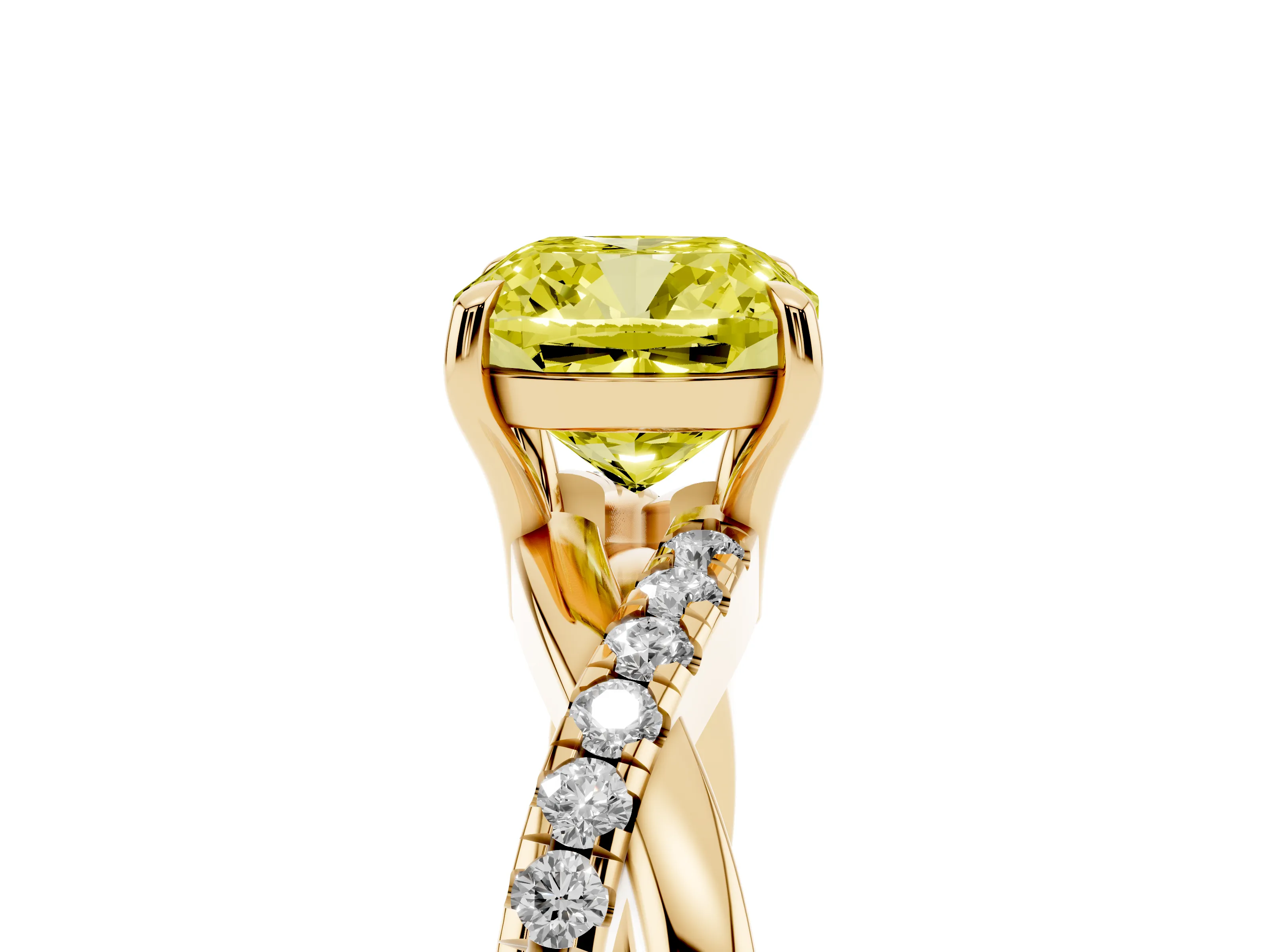 Fancy Yellow Cushion Cut Diamond Twisted Pavé Band Ring Set in Yellow gold with Prong Setting