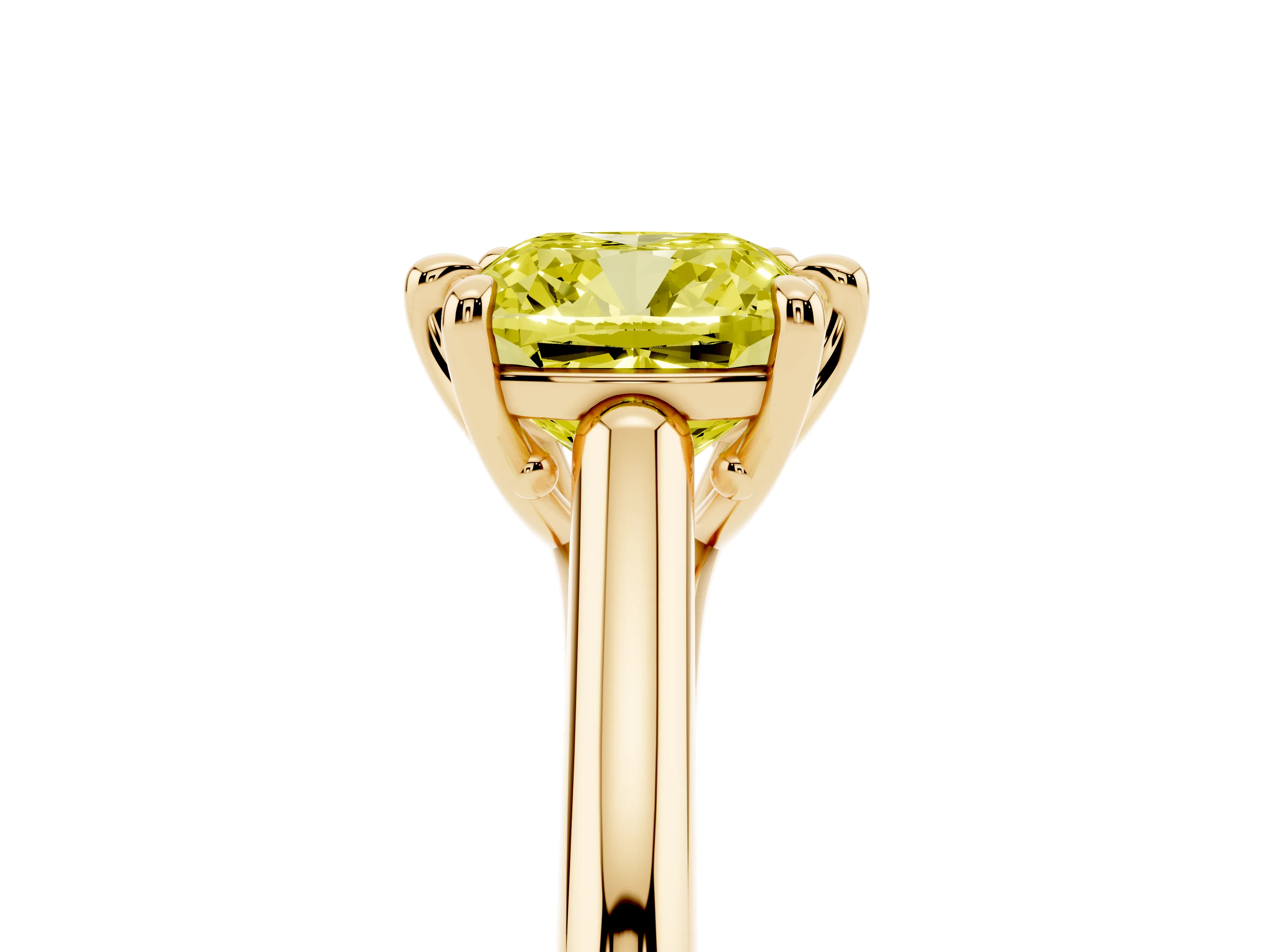Fancy Yellow Cushion Cut Diamond Solitaire Engagement Ring Set in Yellow gold with Prong Setting and Plain Classic Band