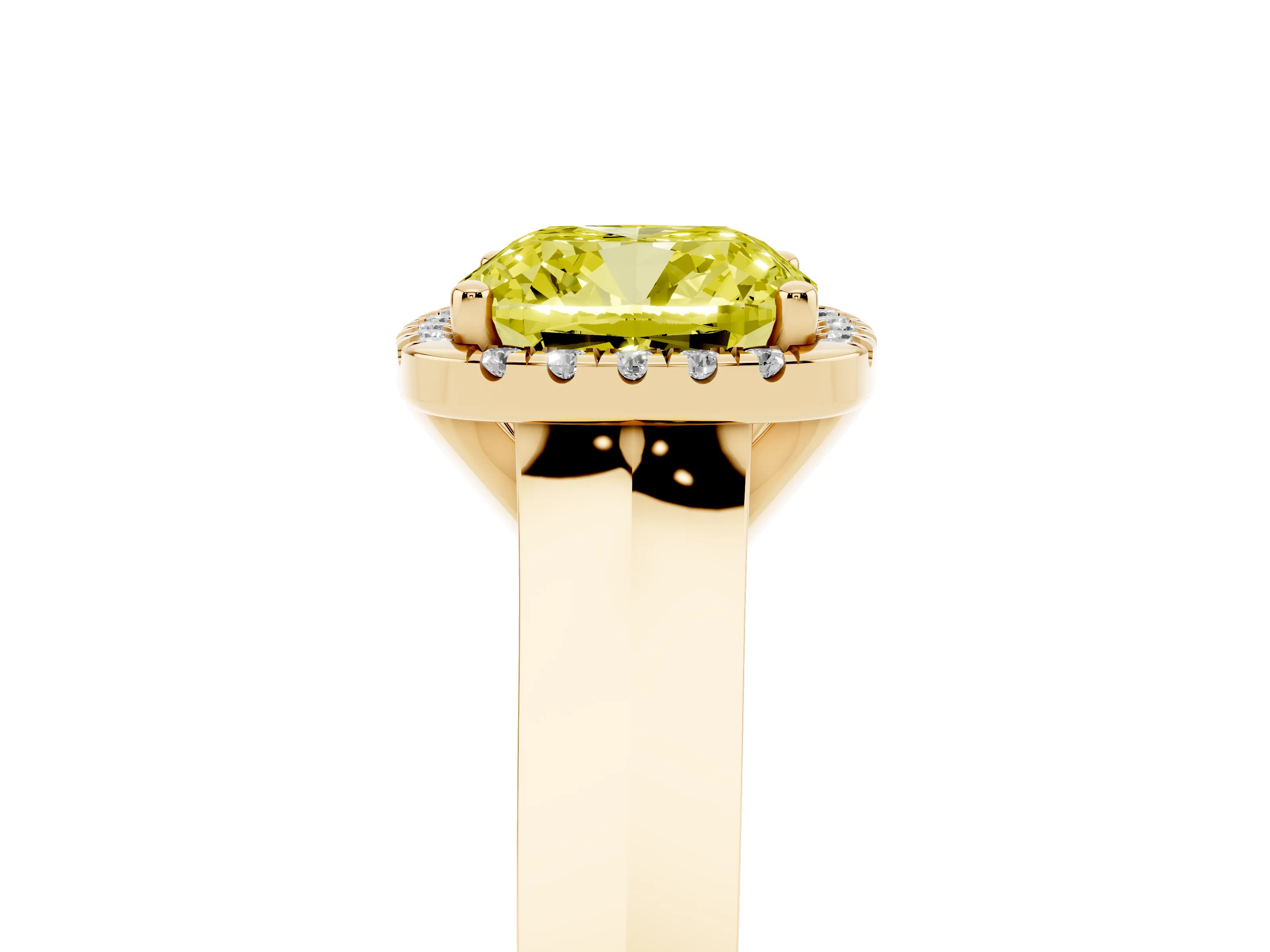 Fancy Yellow Cushion Cut Diamond Halo Ring Set in Yellow gold with Cathedral Band and Prong Setting