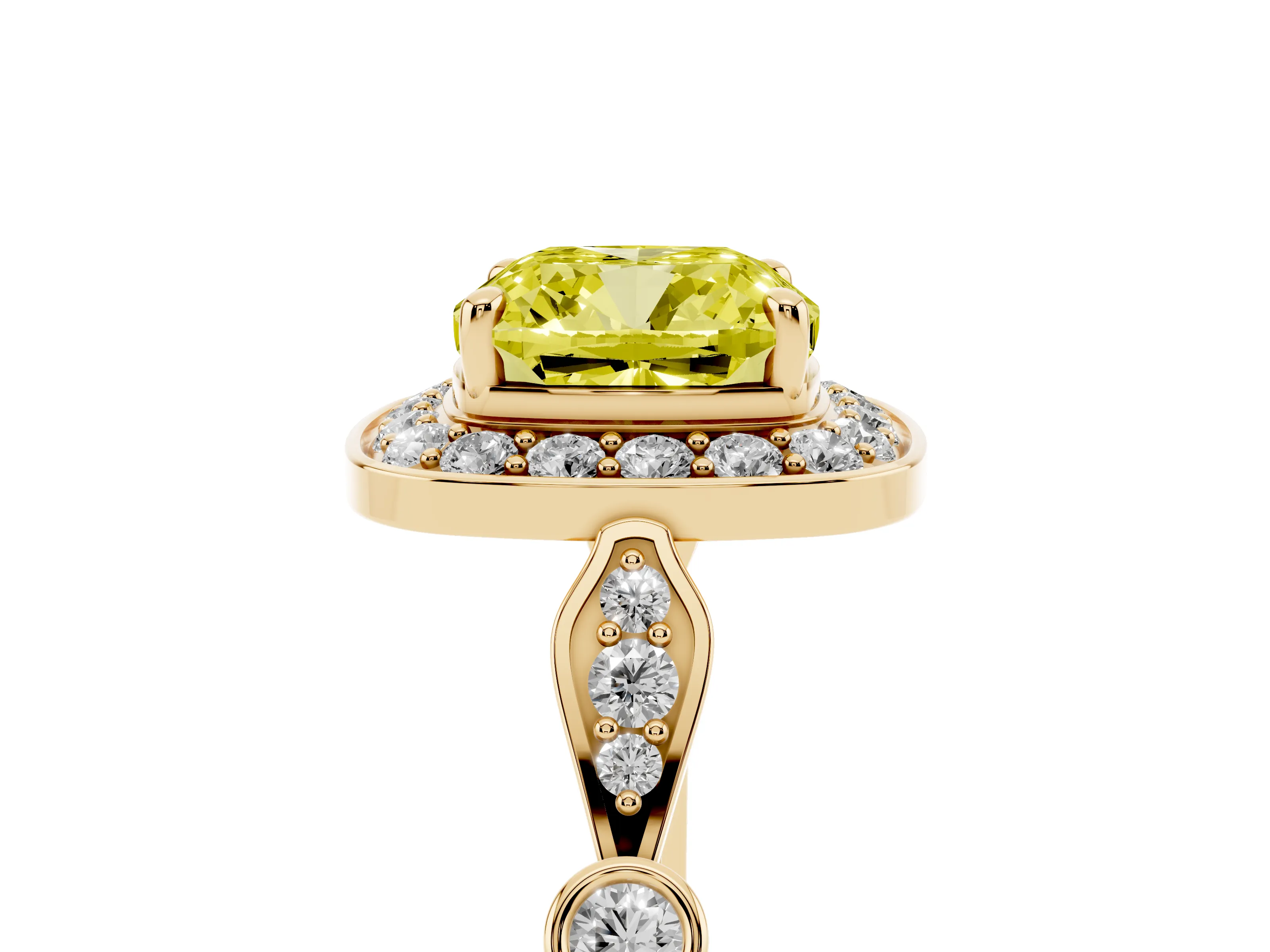 Fancy Yellow Cushion Cut Diamond Halo Engagement Ring Set in Yellow gold with Twisted Band and Prong Setting