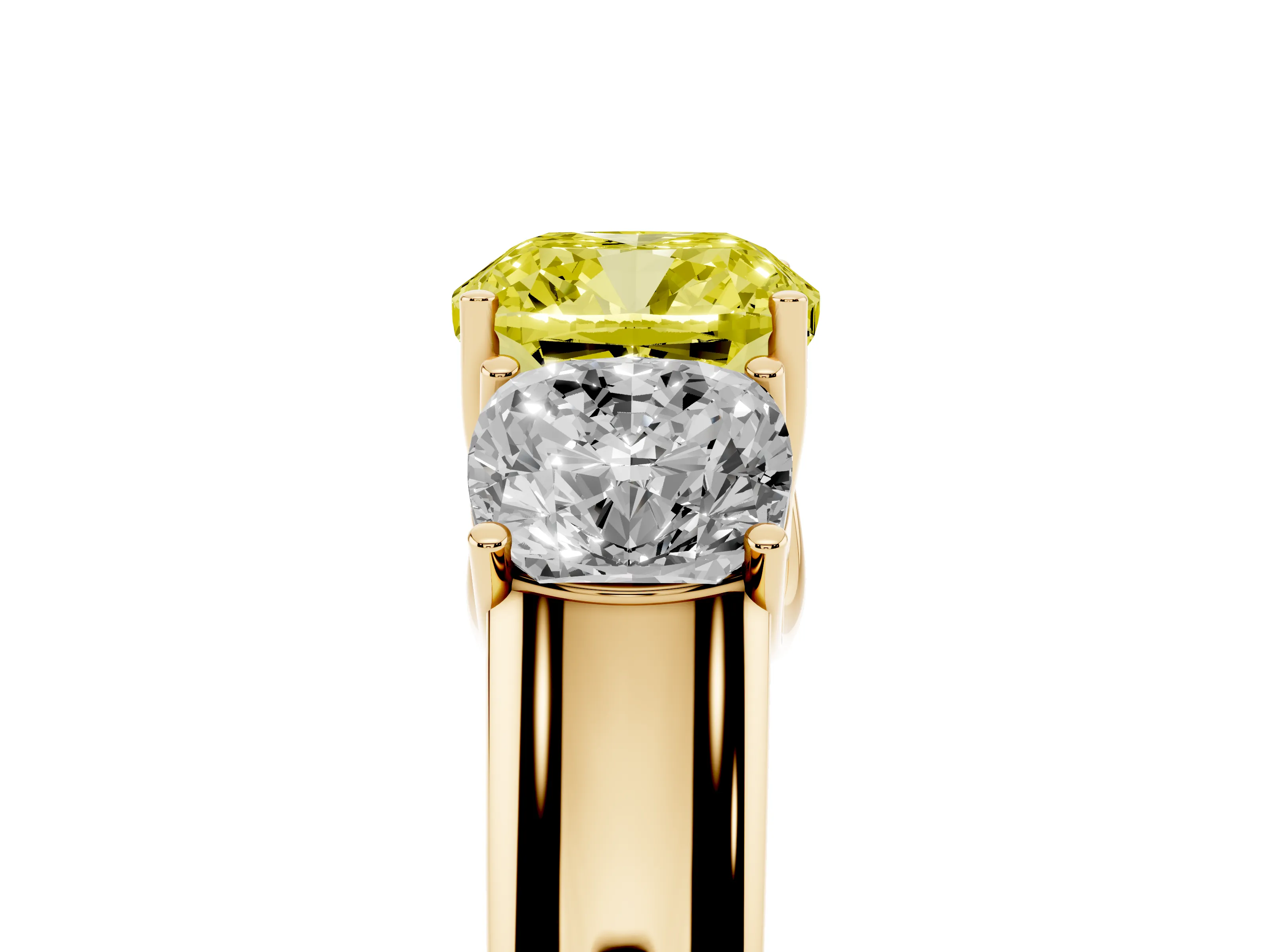 Fancy Yellow Three-Stone Cushion Cut Diamond Ring Set in Yellow gold with Matching Prong Settings and Plain Band