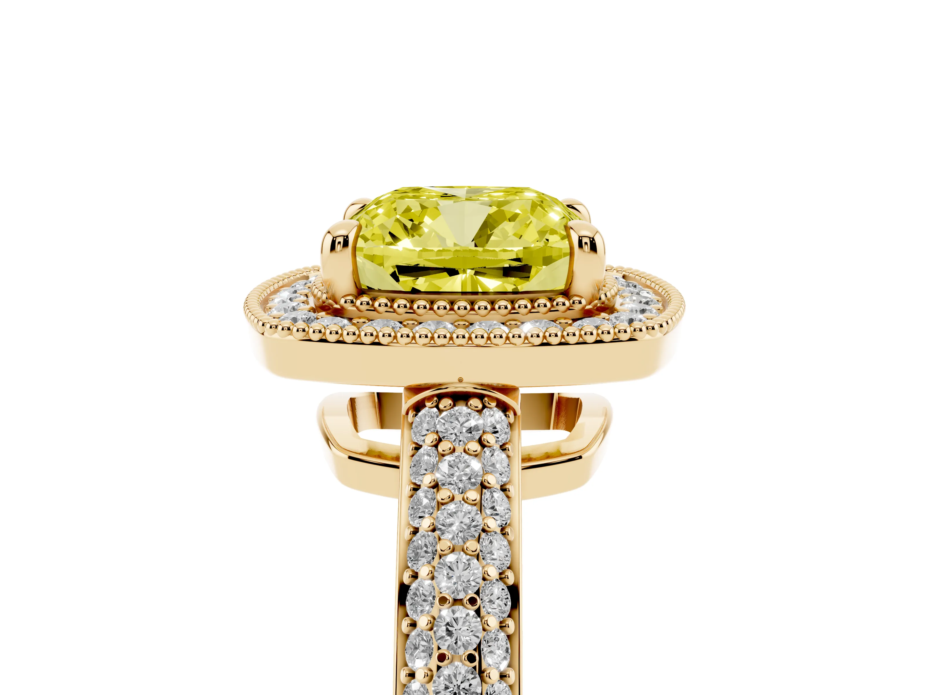 Fancy Yellow Cushion Cut Diamond Halo Pavé Band Set in Yellow gold with Prong Setting