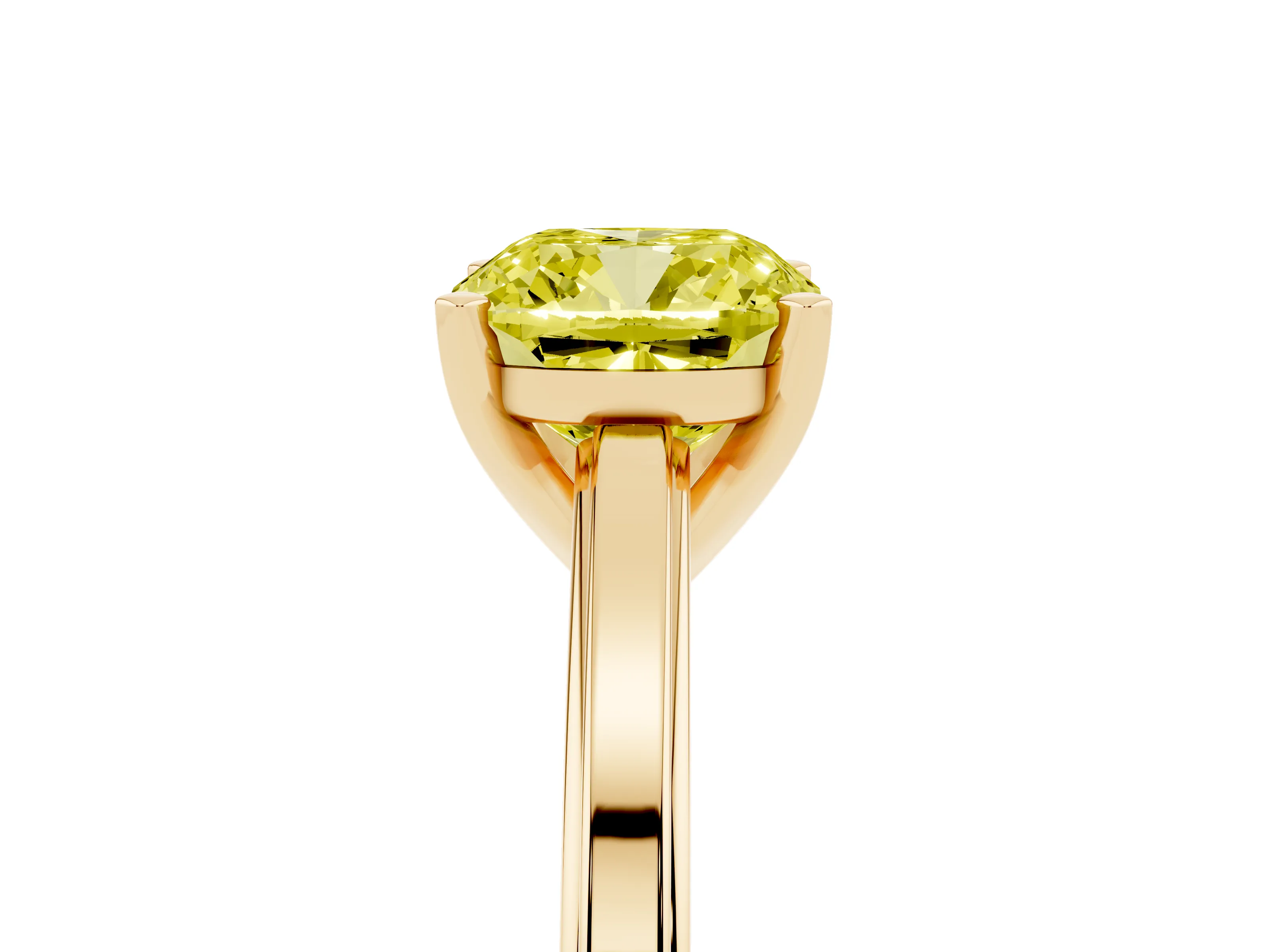 Fancy Yellow Cushion Cut Diamond Solitaire Ring Set in Yellow gold with Prong Setting and Classic Band