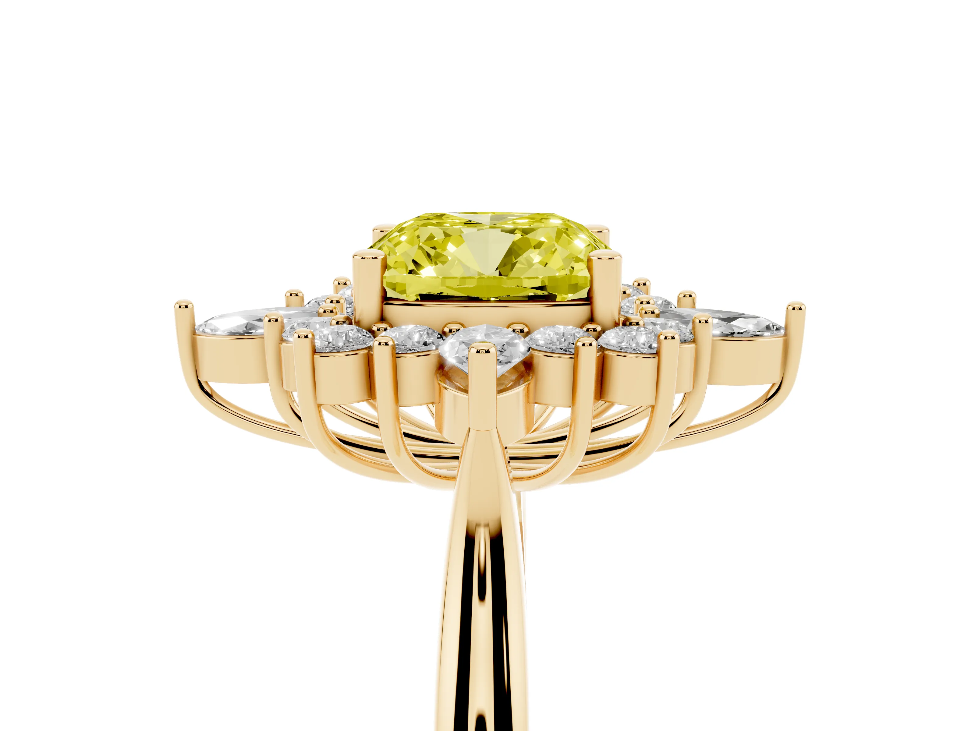 Fancy Yellow Cushion Cut Diamond Cluster Halo Ring Set in Yellow gold with Marquise and Round Accents