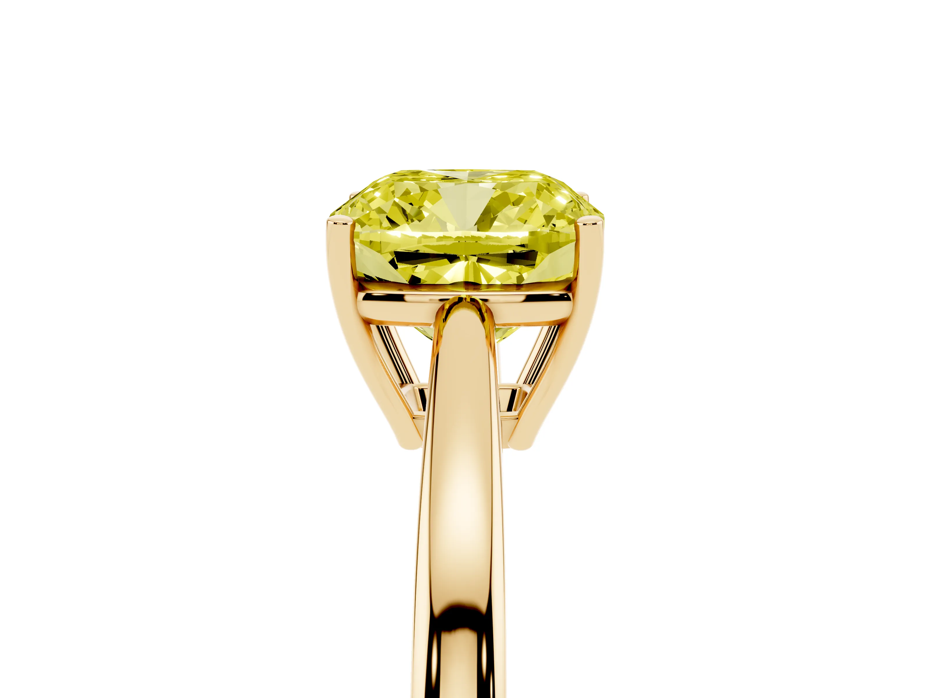Fancy Yellow Cushion Cut Diamond Solitaire Ring Set in Yellow gold with Split Shank and Prong Setting