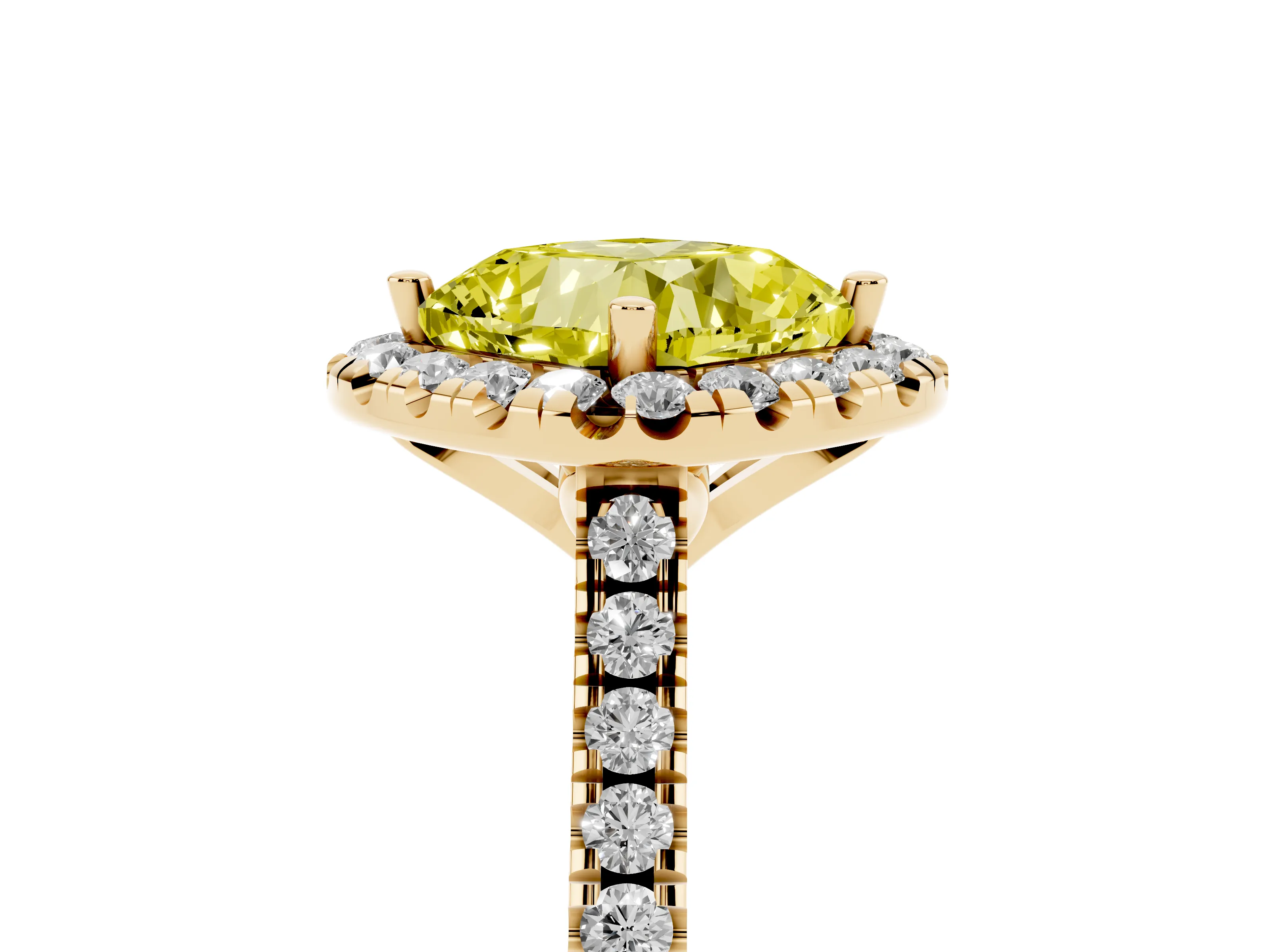 Fancy Yellow Cushion Cut Diamond Cushion Halo Ring Set in Yellow gold with Pavé Band