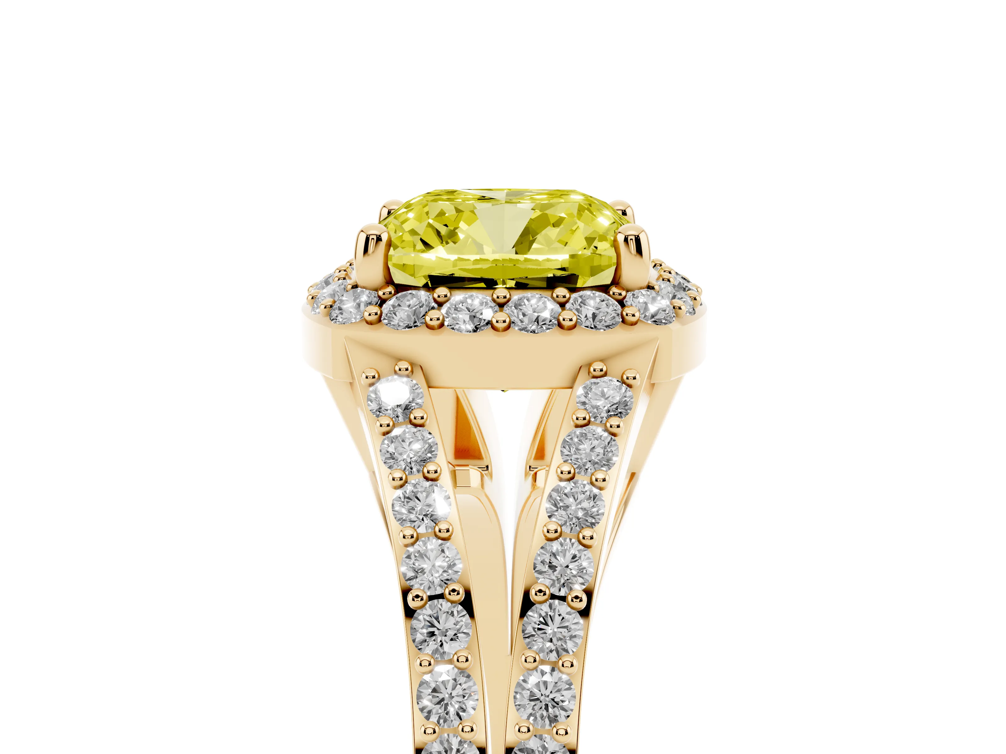 Fancy Yellow Cushion Cut Diamond Halo Split Shank Ring Set in Yellow gold with Accent Stones and Prong Setting
