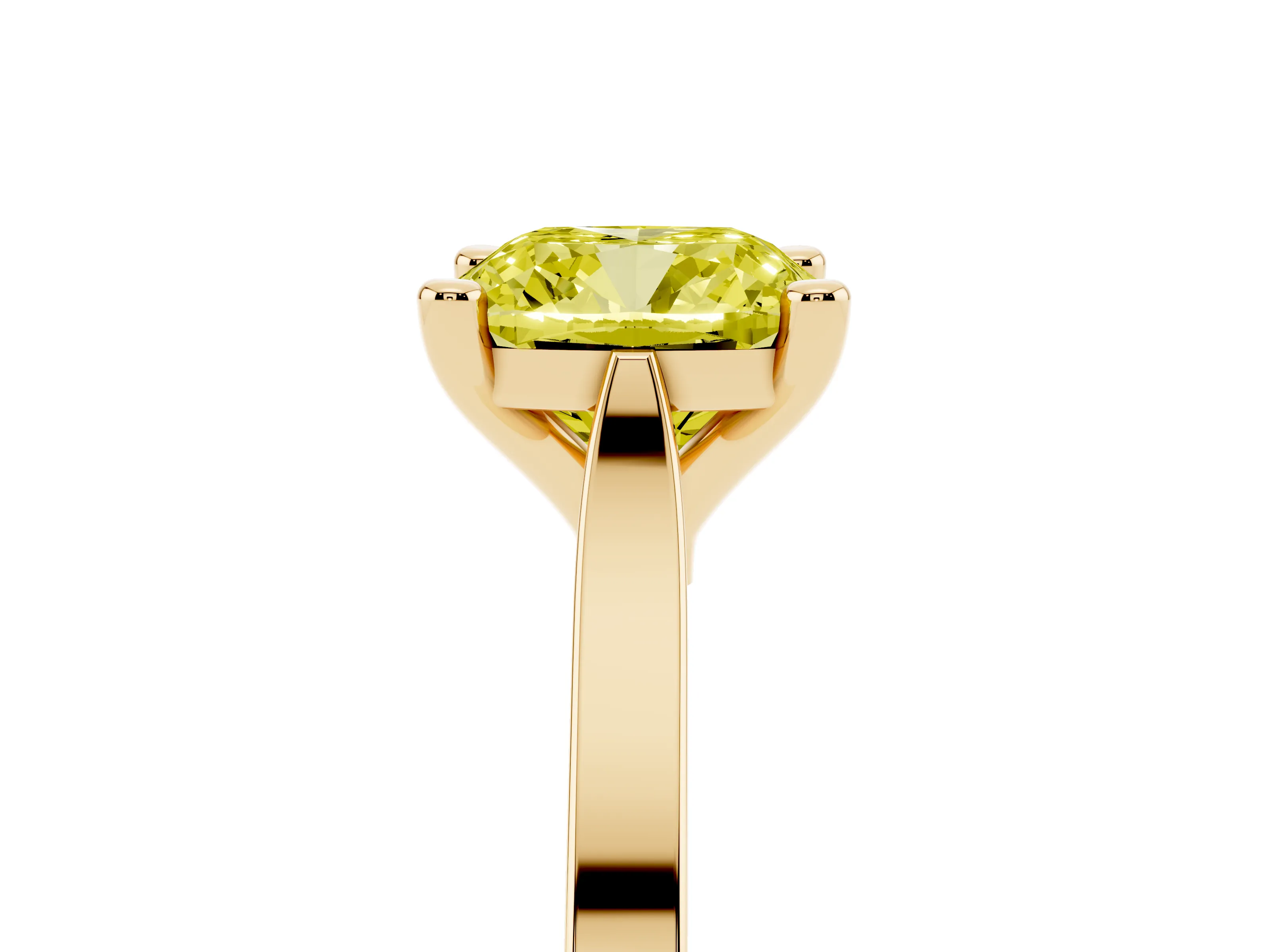 Fancy Yellow Cushion Cut Diamond Solitaire Ring Set in Yellow gold with Prong Setting and Tapered Band