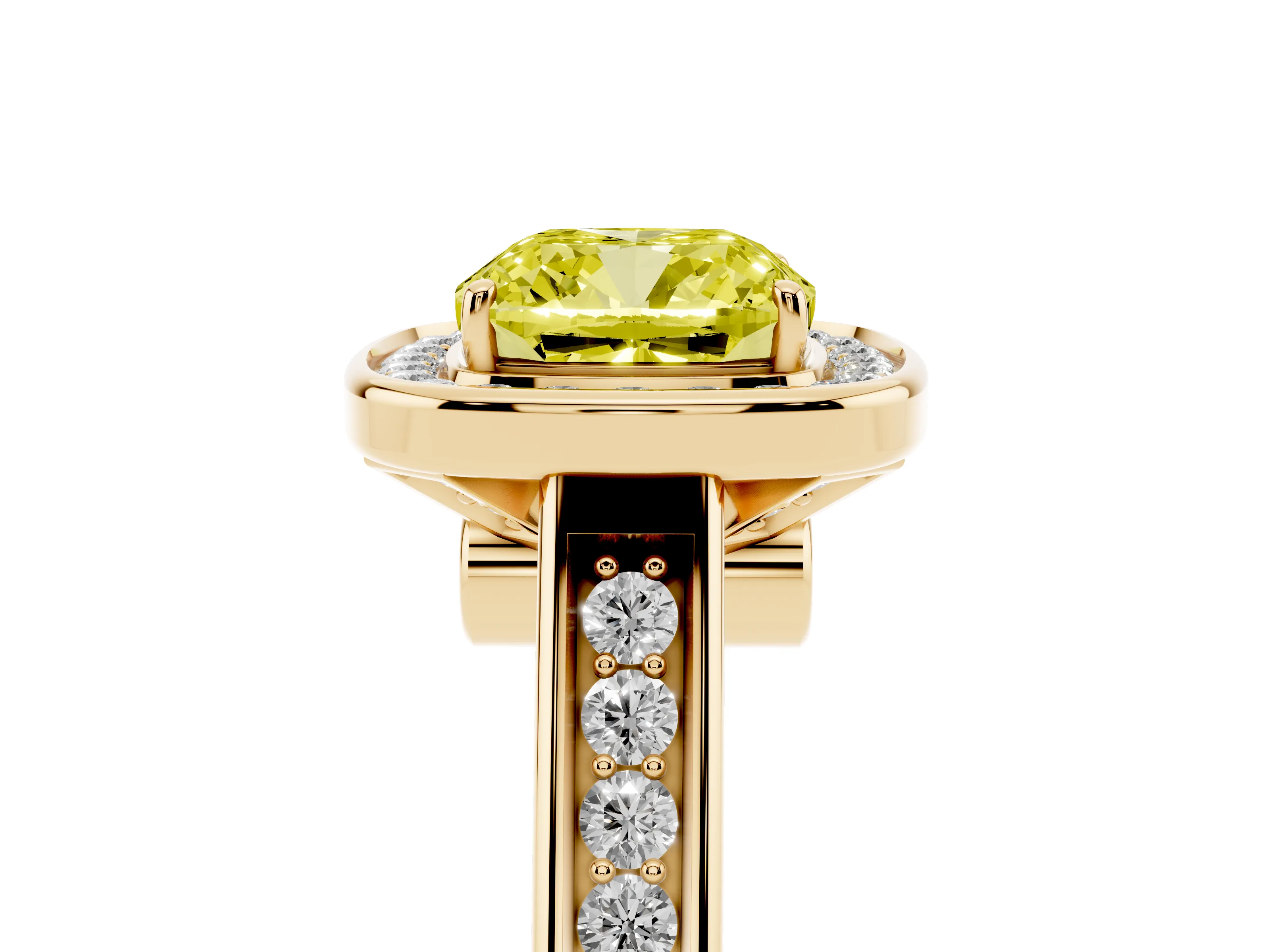 Fancy Yellow Cushion Cut Diamond Halo Solitaire Ring Set in Yellow gold with Pavé Band and Bezel Setting