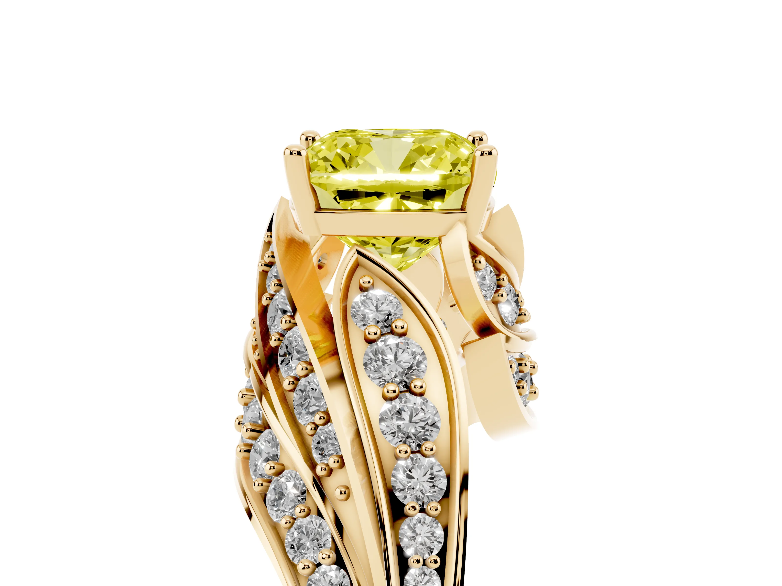 Fancy Yellow Cushion Cut Diamond Solitaire Ring Set in Yellow gold with Layered Twist Pavé Band
