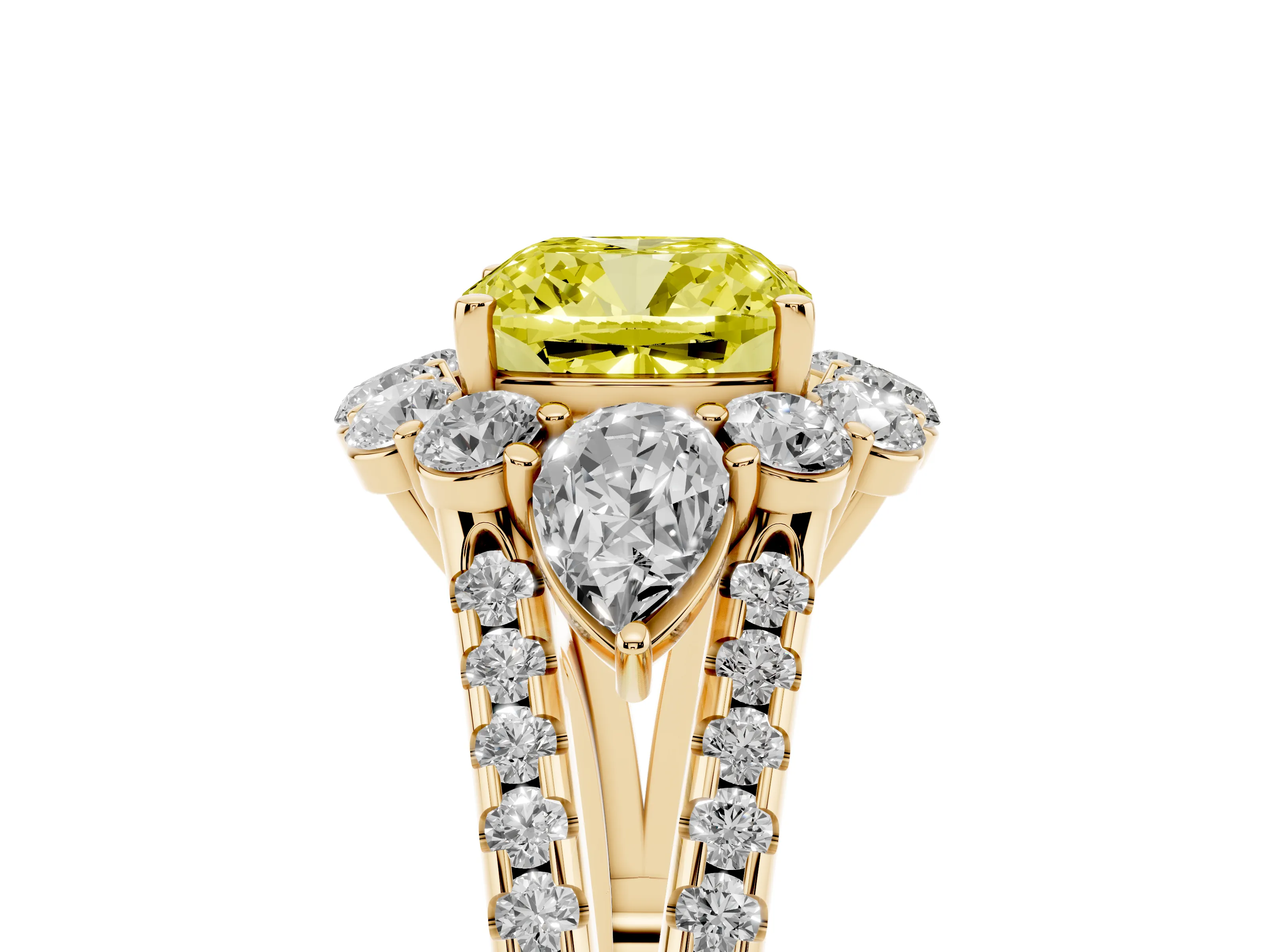 Fancy Yellow Cushion Cut Diamond Halo Split Shank Engagement Ring Set in Yellow gold with Prong-Held Center Stone
