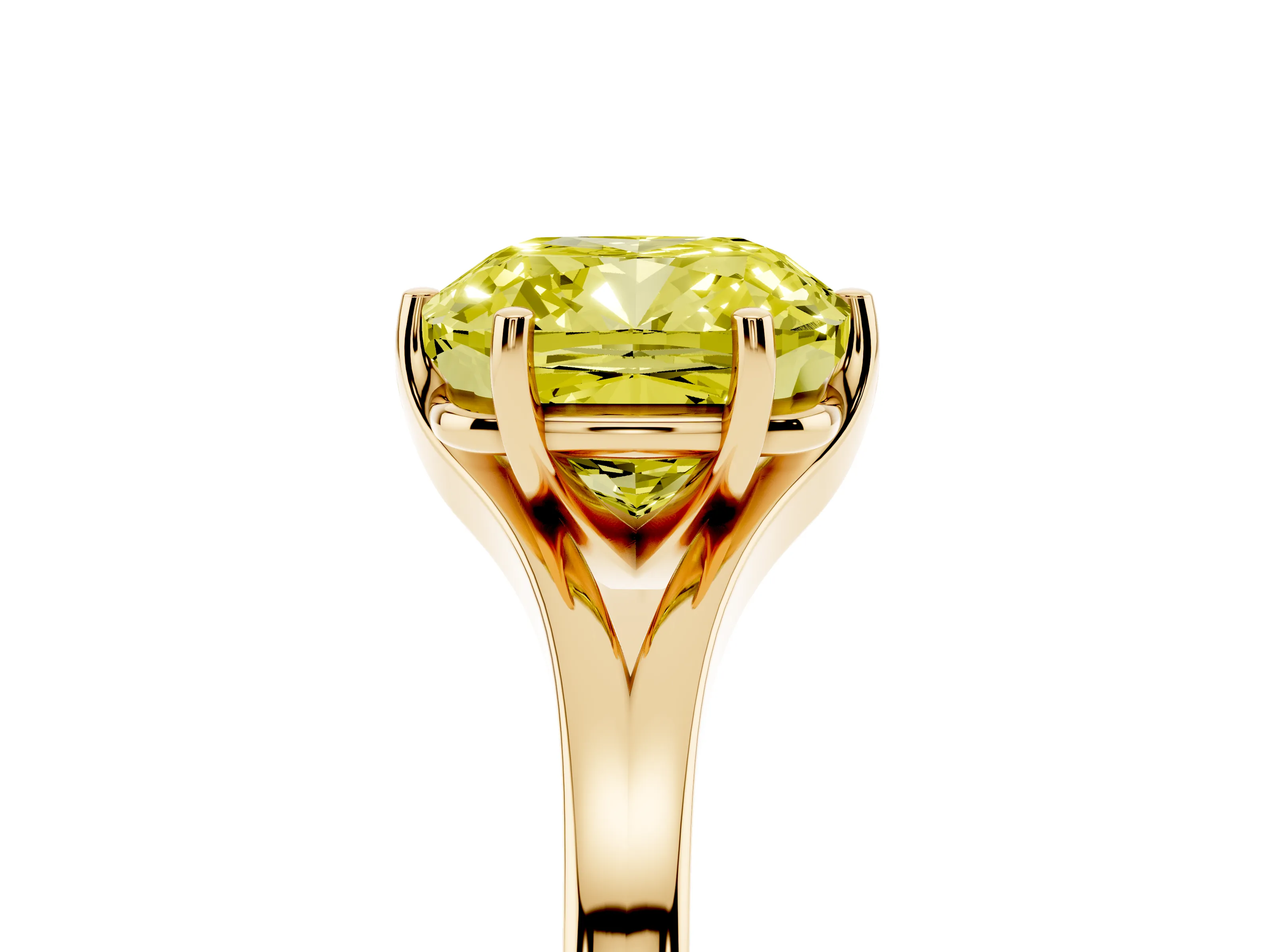 Fancy Yellow Cushion Cut Diamond Solitaire Ring Set in Yellow gold with Polished Tapered Band and Prong Setting