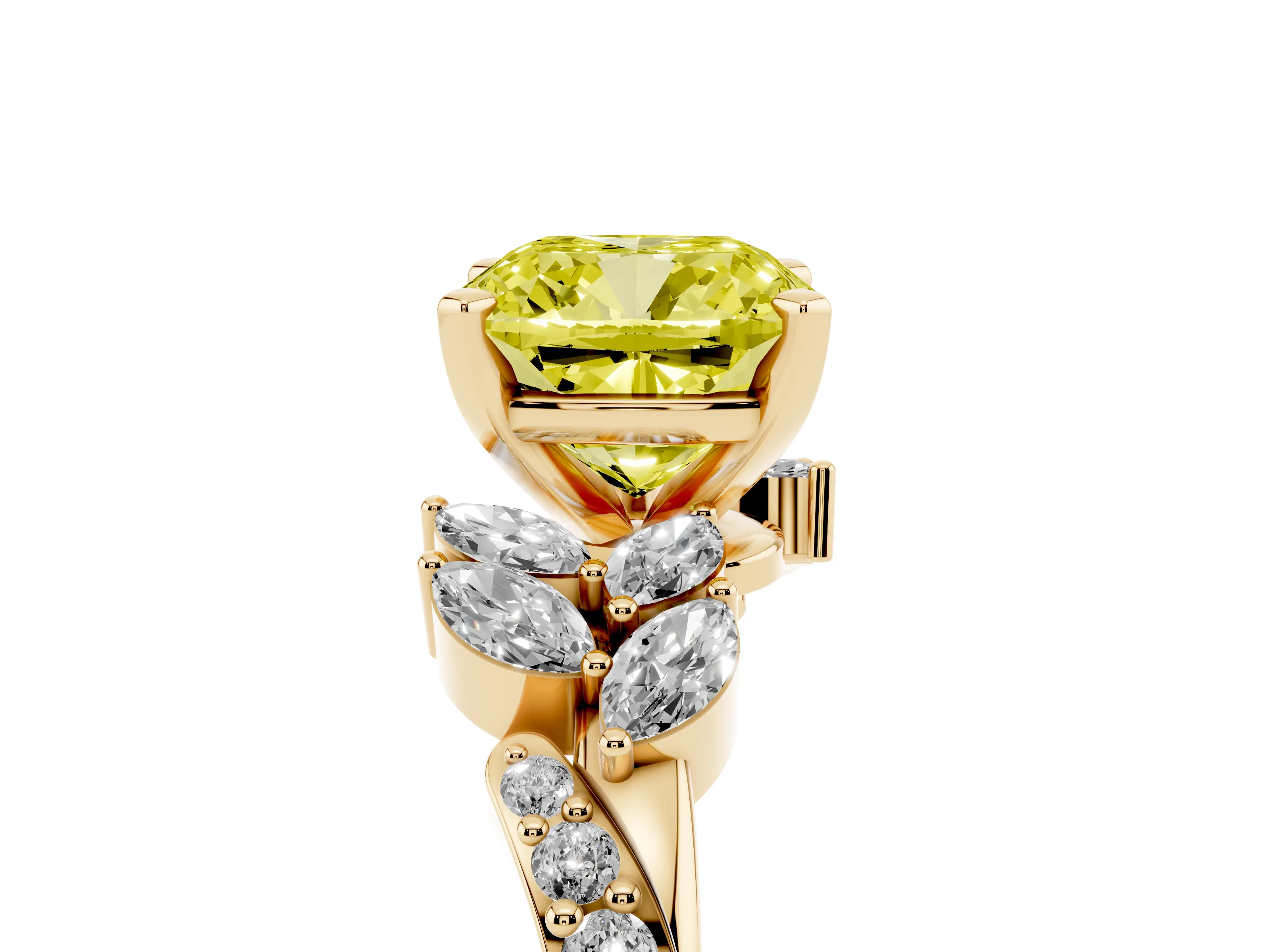 Fancy Yellow Cushion Cut Diamond Solitaire Ring Set in Yellow gold with Marquise Twist Band and Prong Setting