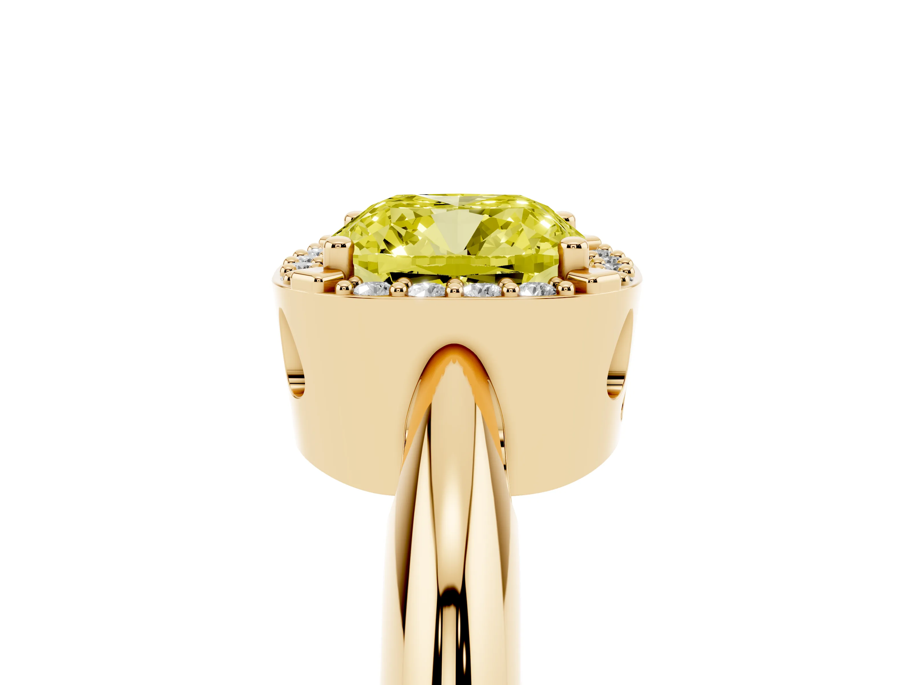 Fancy Yellow Cushion Cut Diamond Halo Engagement Ring Set in Yellow gold with Plain Split Shank and Prong Setting