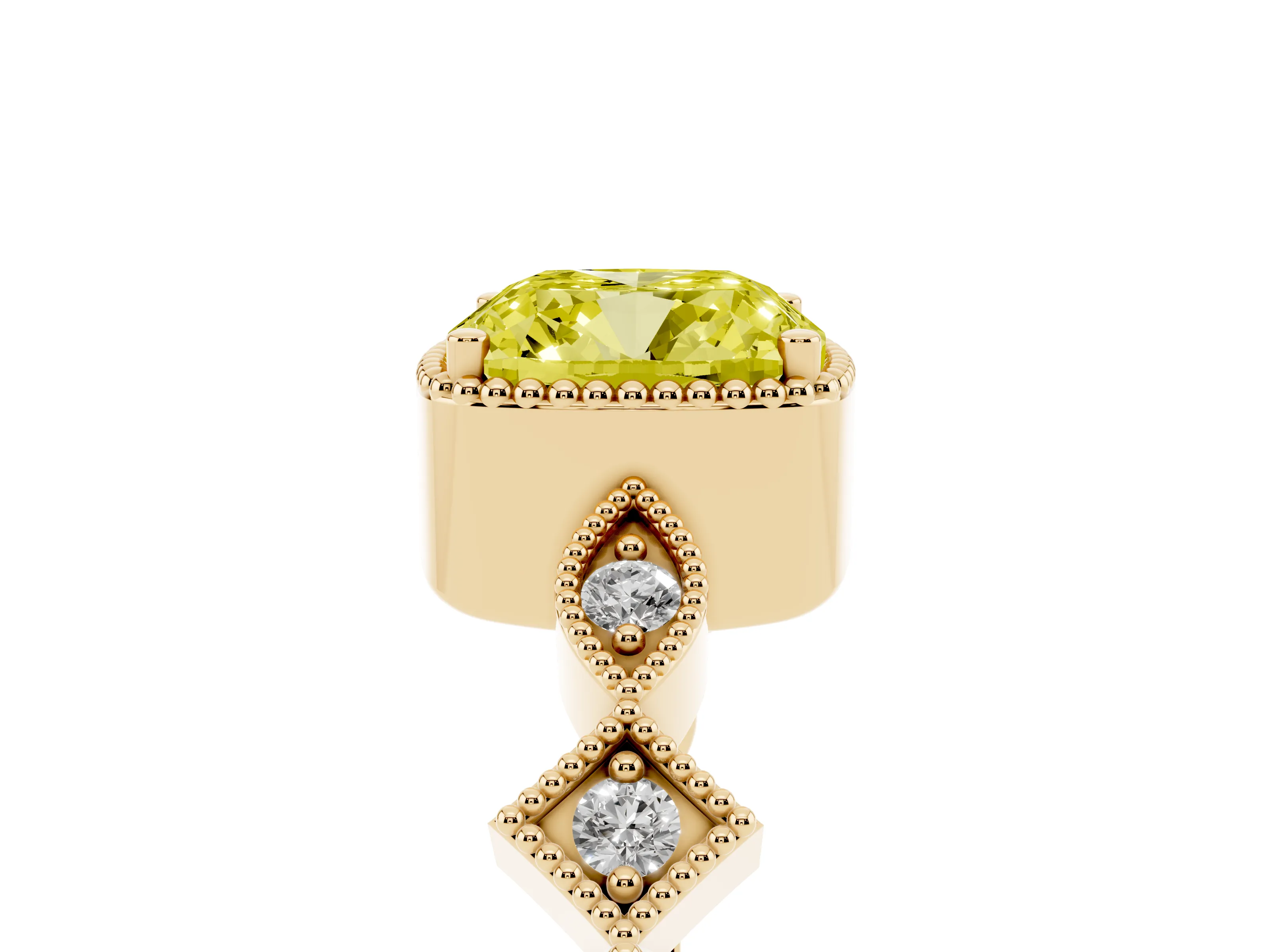 Fancy Yellow Cushion Cut Diamond Milgrain Marquise Twist Band Ring Set in Yellow gold with Prong Setting