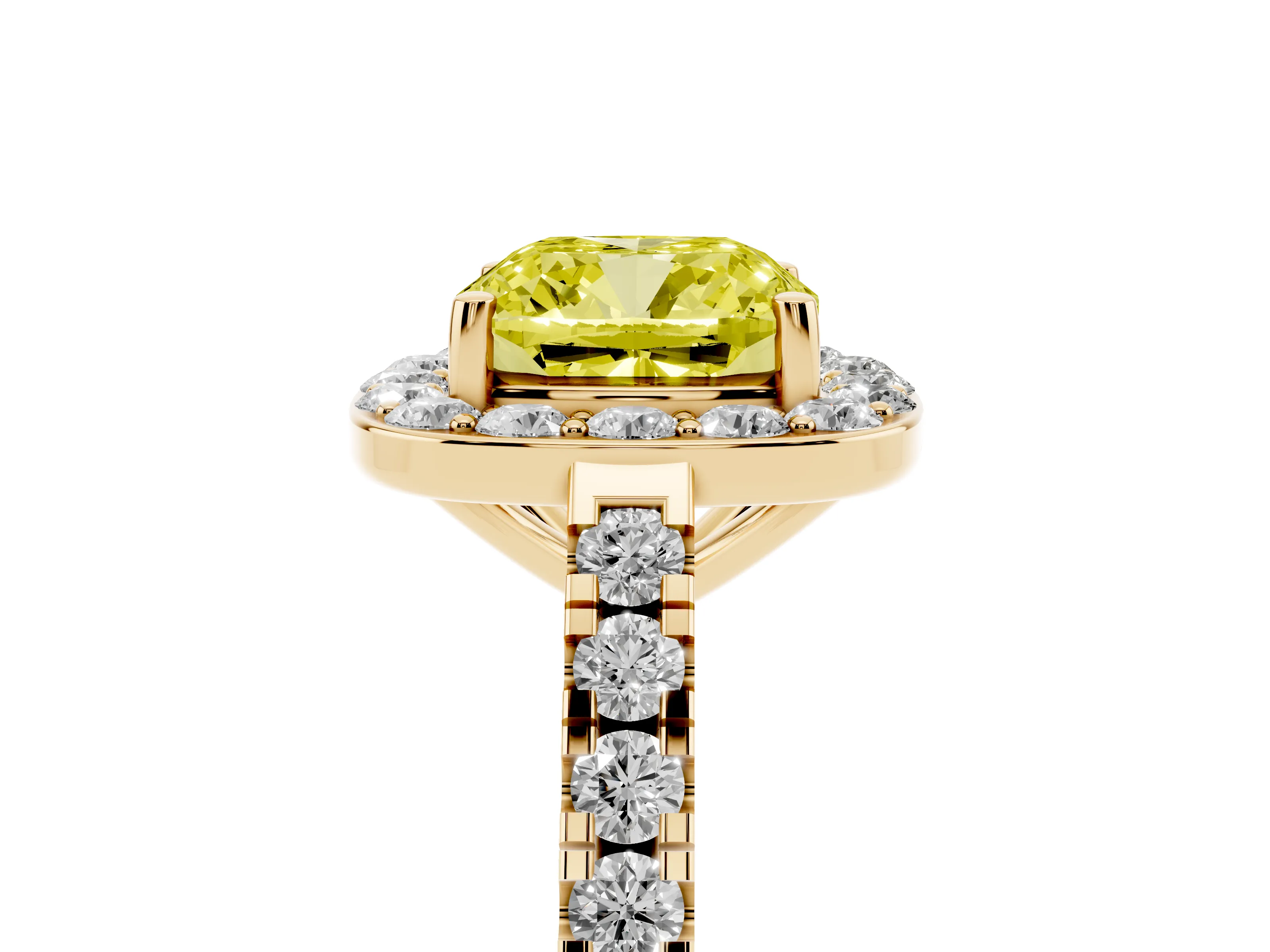 Fancy Yellow Cushion Cut Diamond Halo Ring Set in Yellow gold with Round Pavé Split Shank and Prong Setting