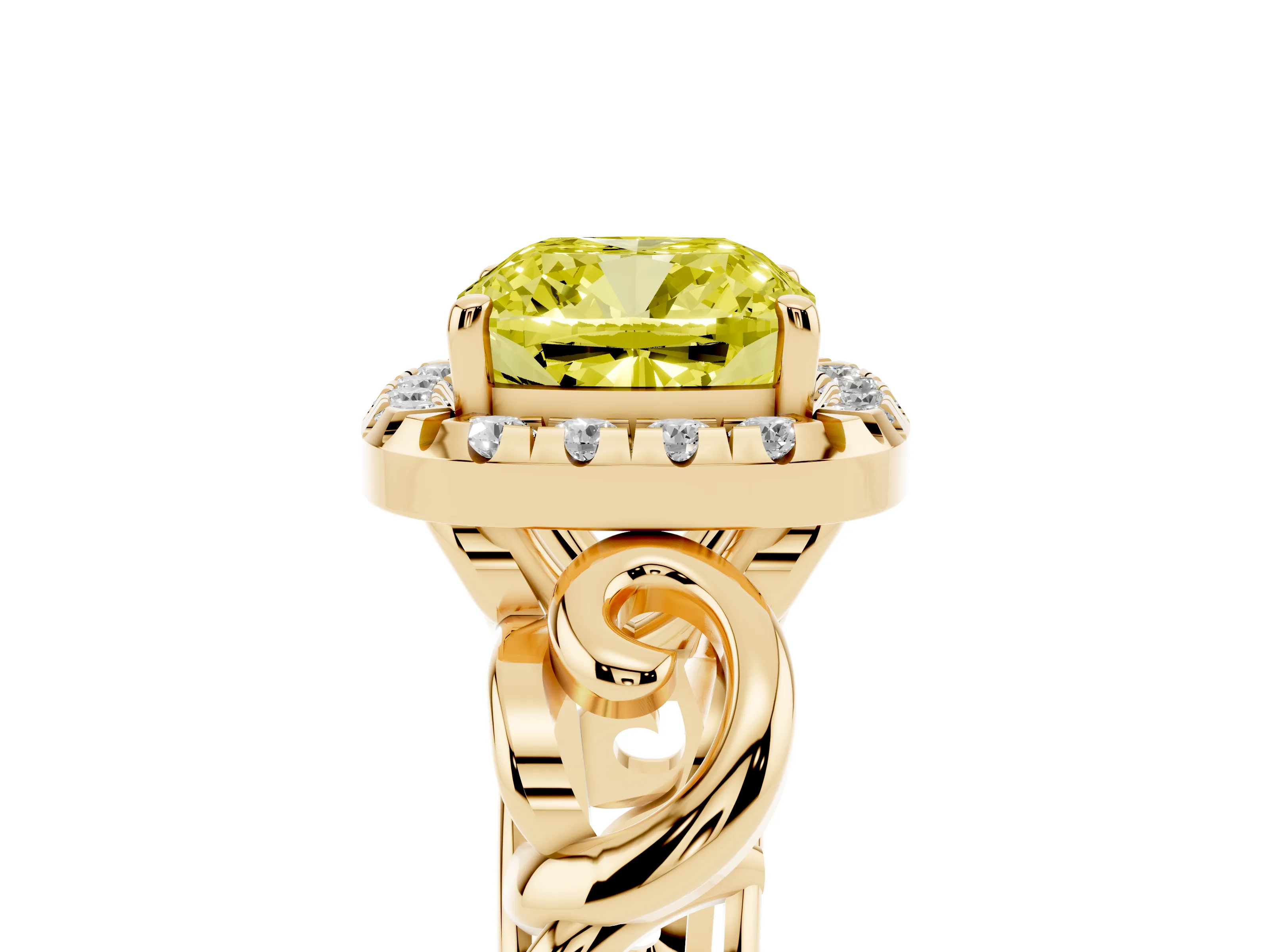 Fancy Yellow Cushion Cut Diamond Halo Ring Set in Yellow gold with Scrollwork Band and Prong Setting