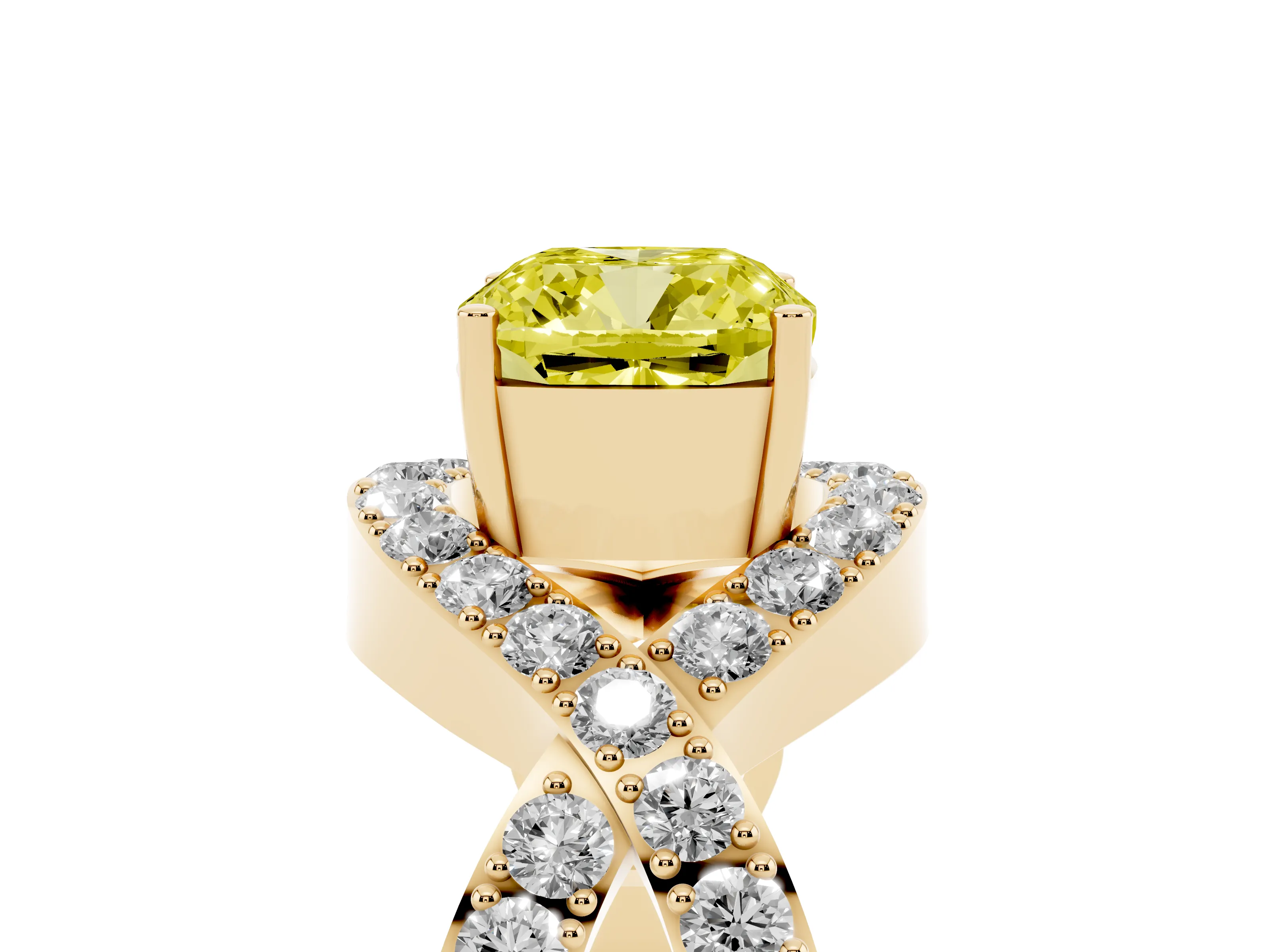 Fancy Yellow Cushion Cut Diamond Solitaire Twist Band Pavé Engagement Ring Set in Yellow gold