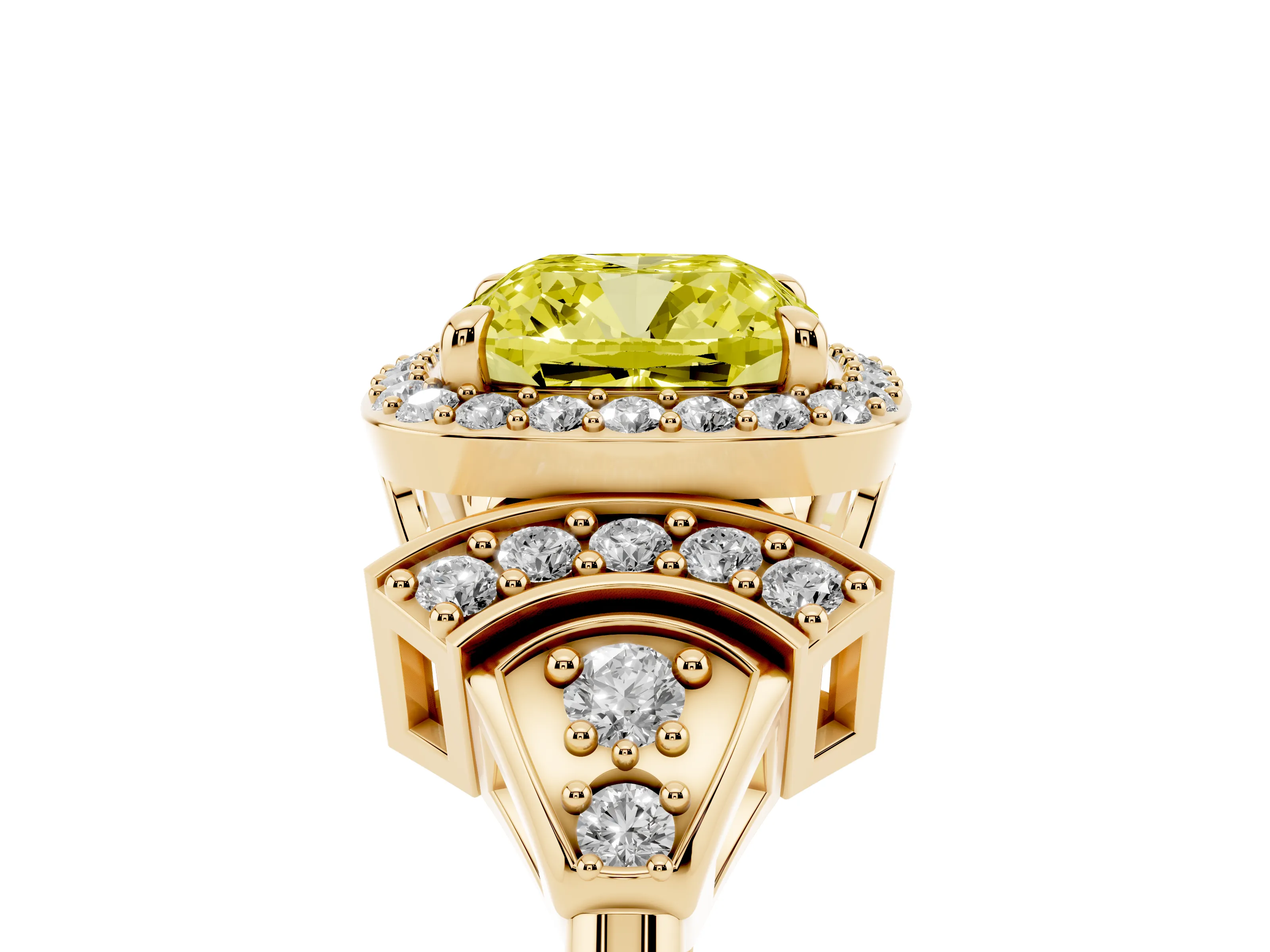 Fancy Yellow Cushion Cut Diamond Halo Engagement Ring Set in Yellow gold with Accent Stone Split Shank
