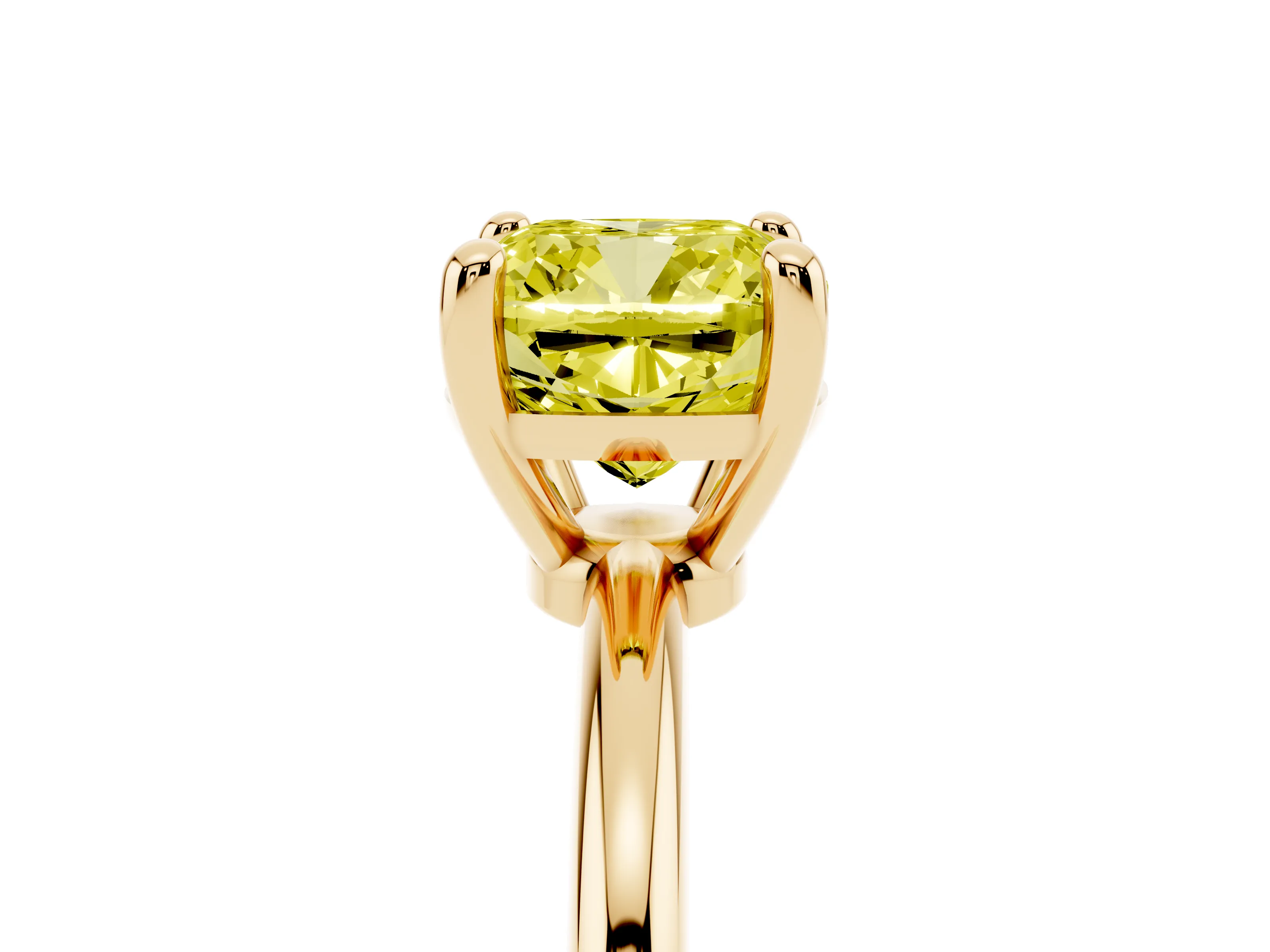 Fancy Yellow Cushion Cut Diamond Solitaire Ring Set in Yellow gold with Secure Prong Setting on a Classic Band