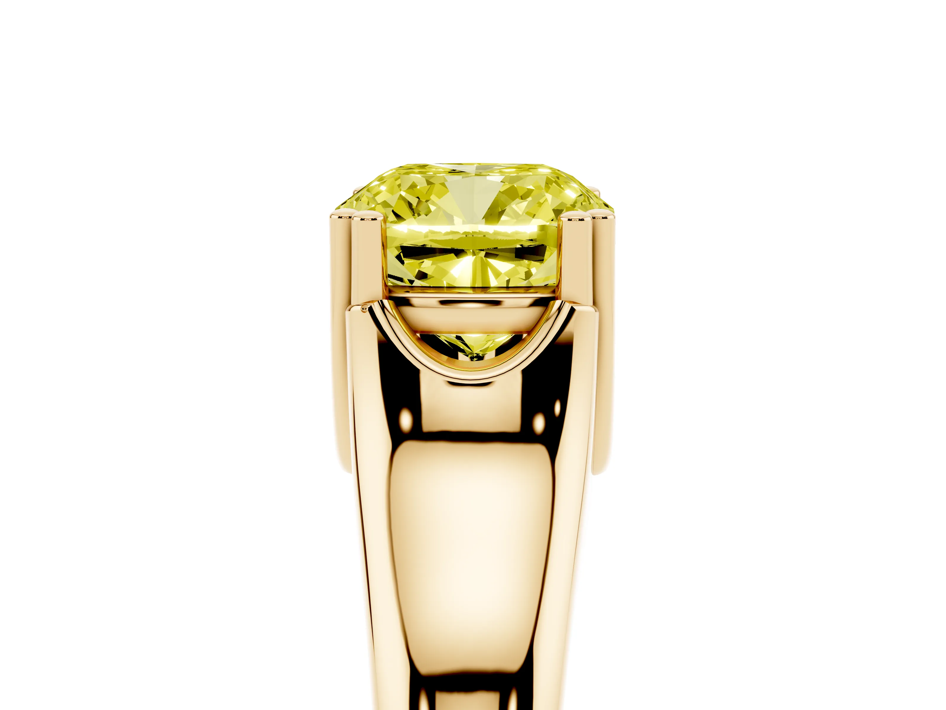Fancy Yellow Cushion Cut Diamond Solitaire Ring Set in Yellow gold with Wide Band and Prong Setting