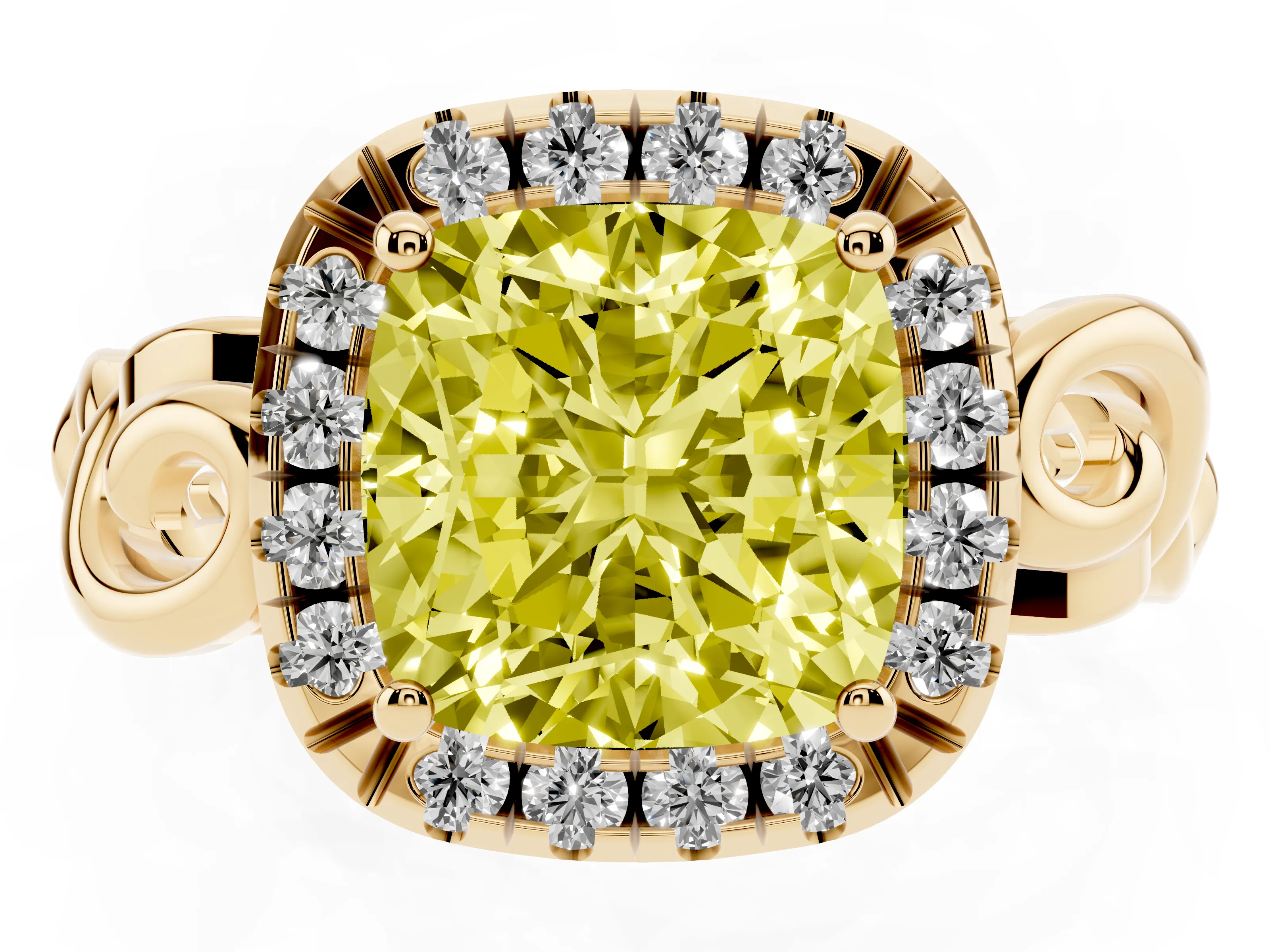 Fancy Yellow Cushion Cut Diamond Halo Ring Set in Yellow gold with Scrollwork Band and Prong Setting
